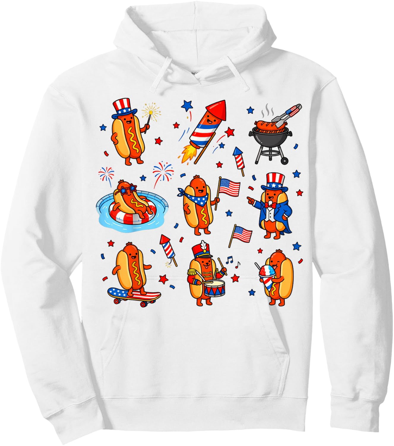 Hot Dog, American Flag Fireworks 4th of July Hoodie - Hoodie | White