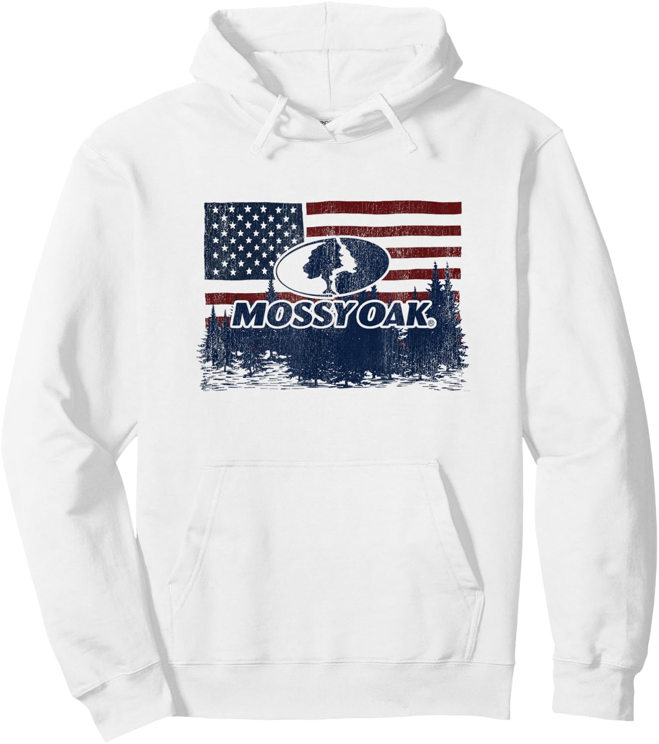 Mossy Oak 4th Of July American Flag Forest Distressed Logo Hoodie - Hoodie | White