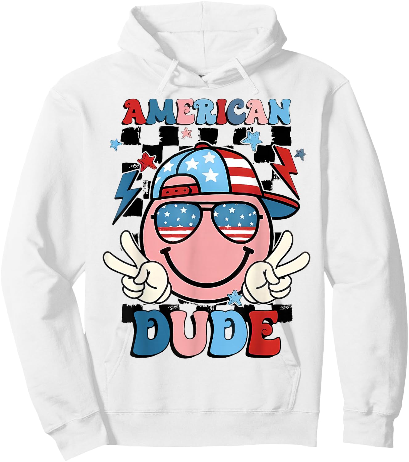 Checkered American Dude US Flag Cap Boy 4th of July Hoodie - Hoodie | White