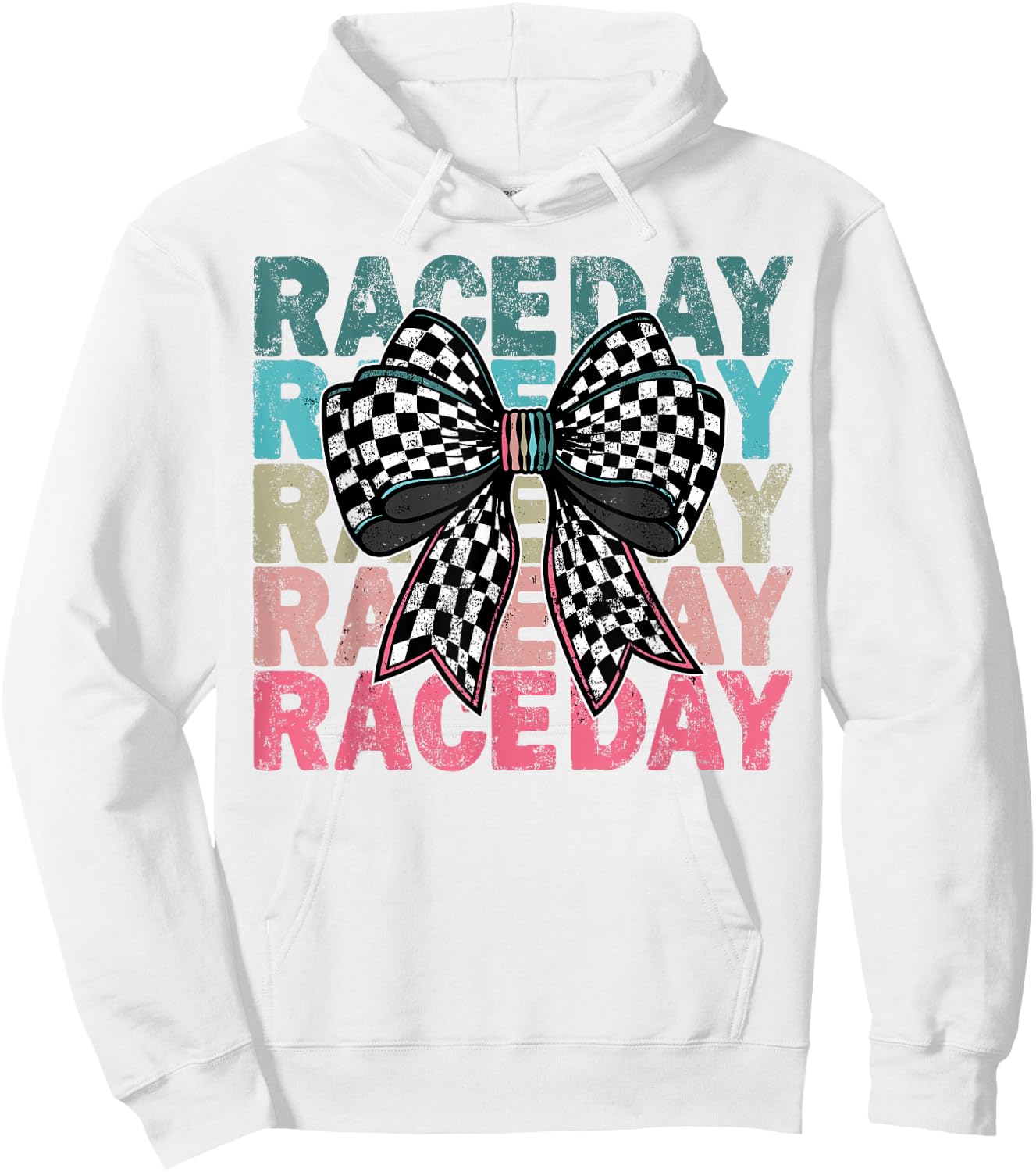 Retro Race Day Distressed Checkered Coquette Bow Racing Car Hoodie - Hoodie | White