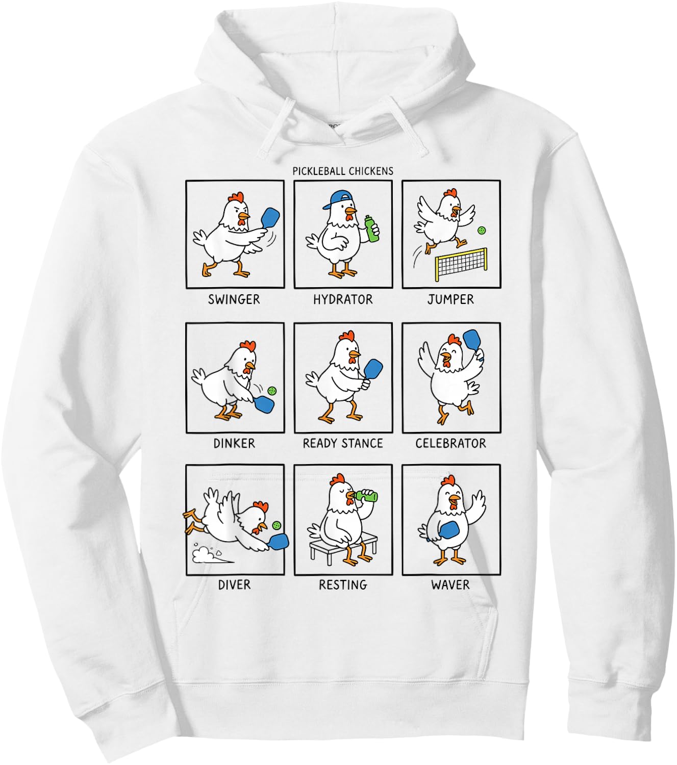 Funny Pickleball Chicken Cartoon Players Paddle Humor Art Hoodie - Hoodie | White