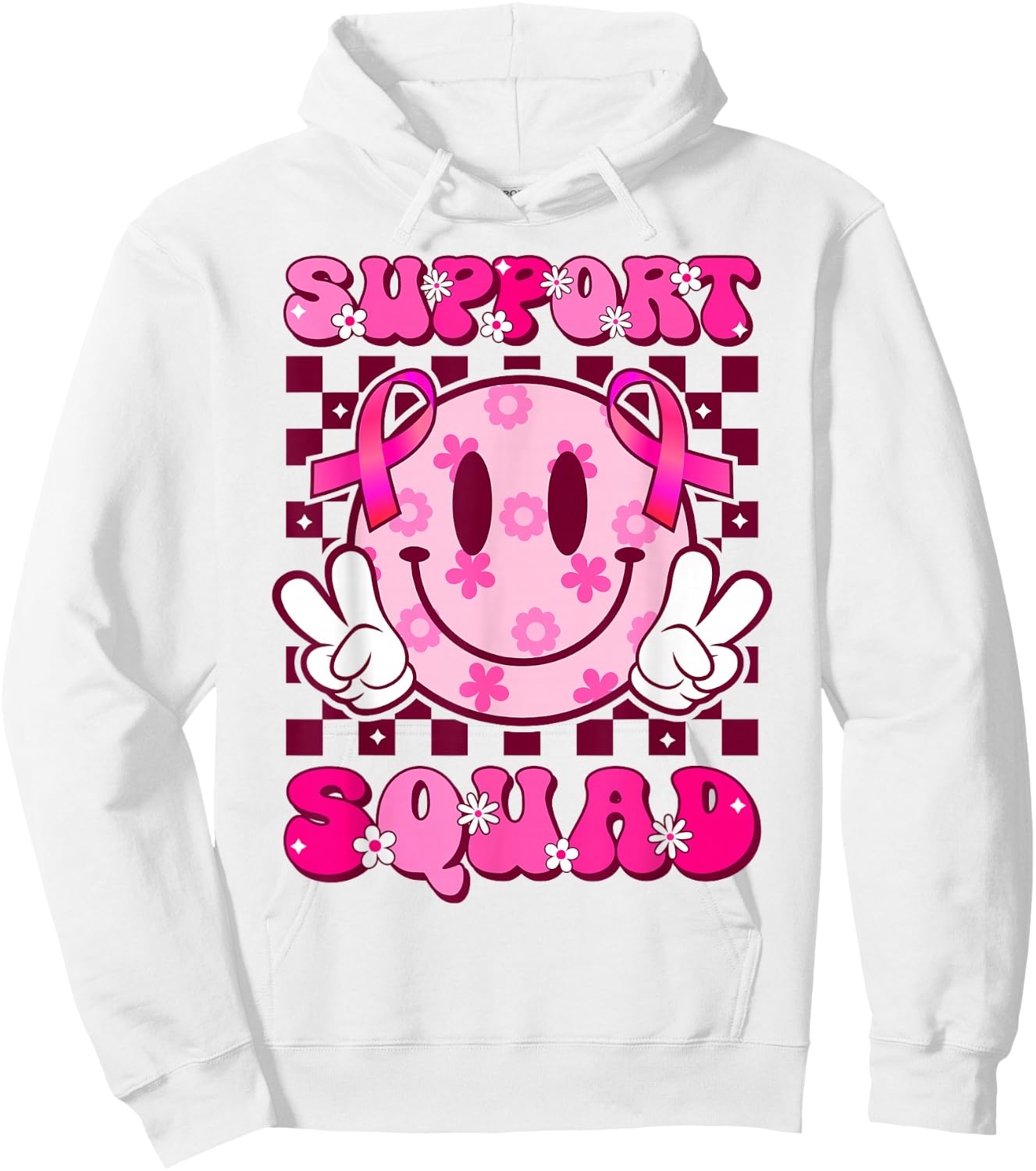 Groovy Smile Face Pink Ribbon Support Squad Breast Cancer Hoodie - Hoodie | White