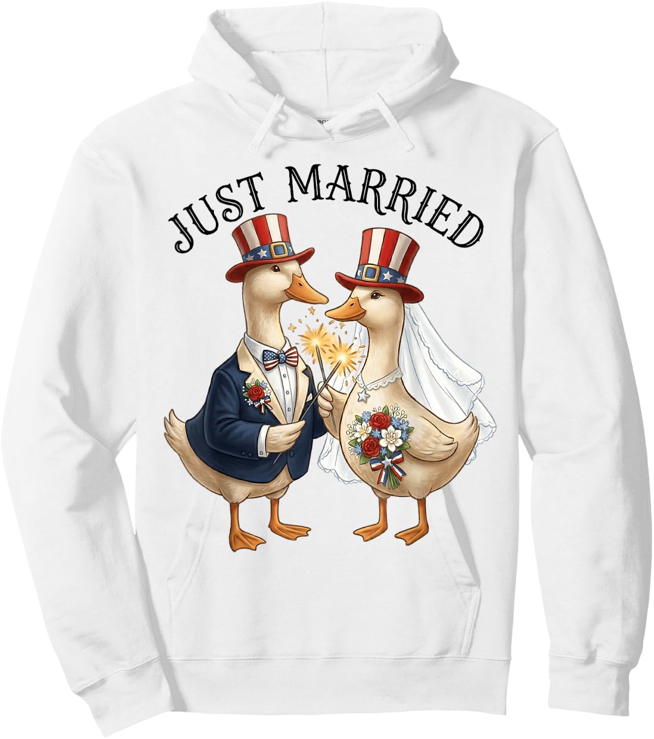 Just Married Patriotic Duck Couple Funny 4th of July Brided Hoodie - Hoodie | White
