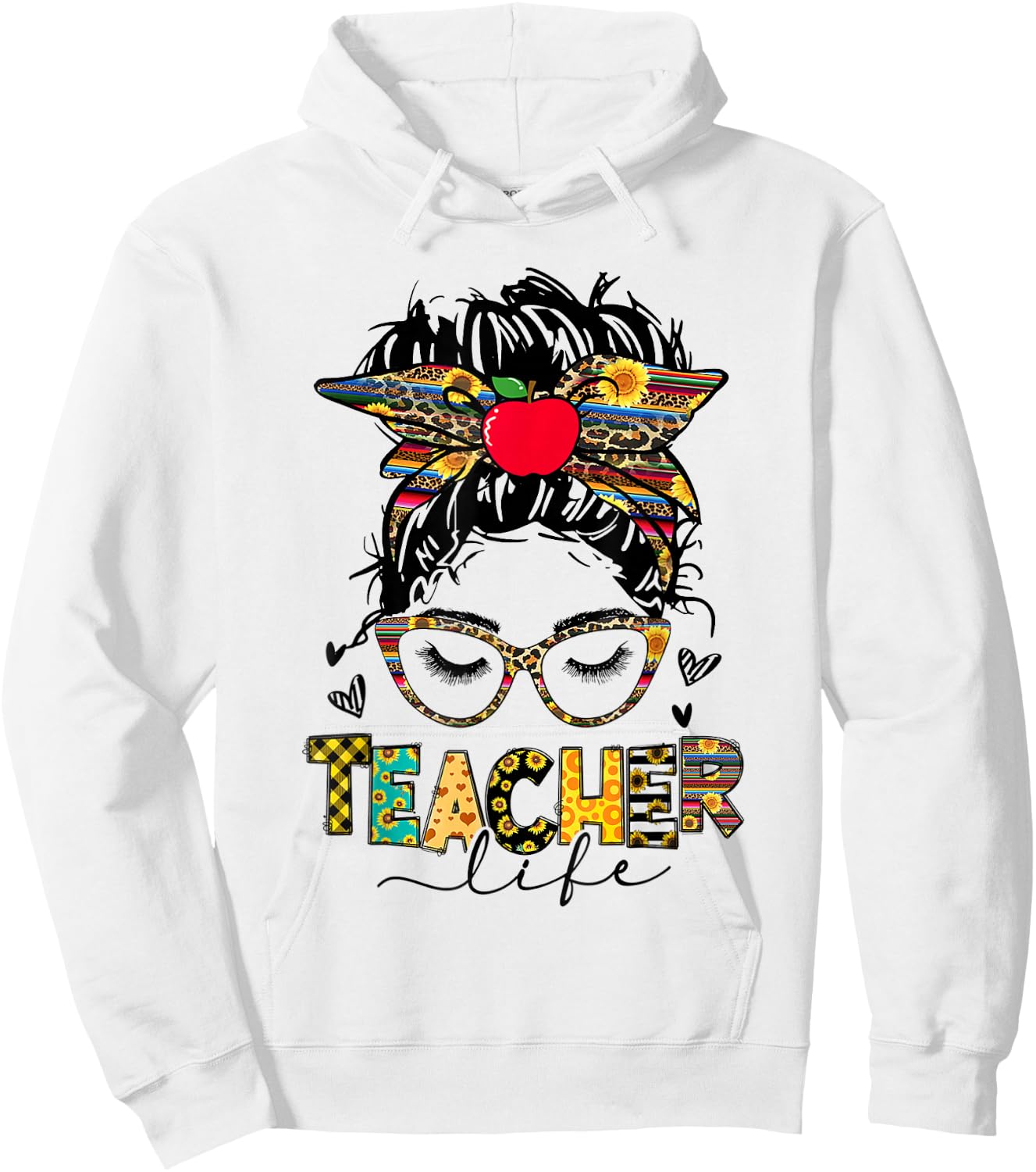 Teacher Life Messy Bun Glasses Leopard Sunflower Mothers Day Hoodie - Hoodie | White