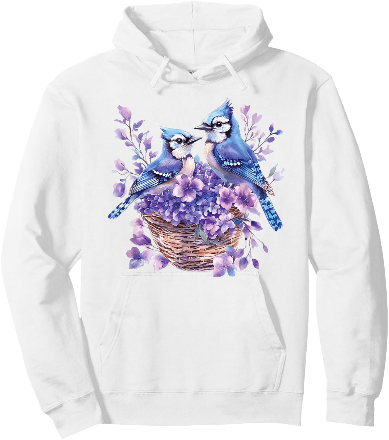 Couple Blue Jay Birds In A Basket With Flowers,Vibrant Color Hoodie - Hoodie | White