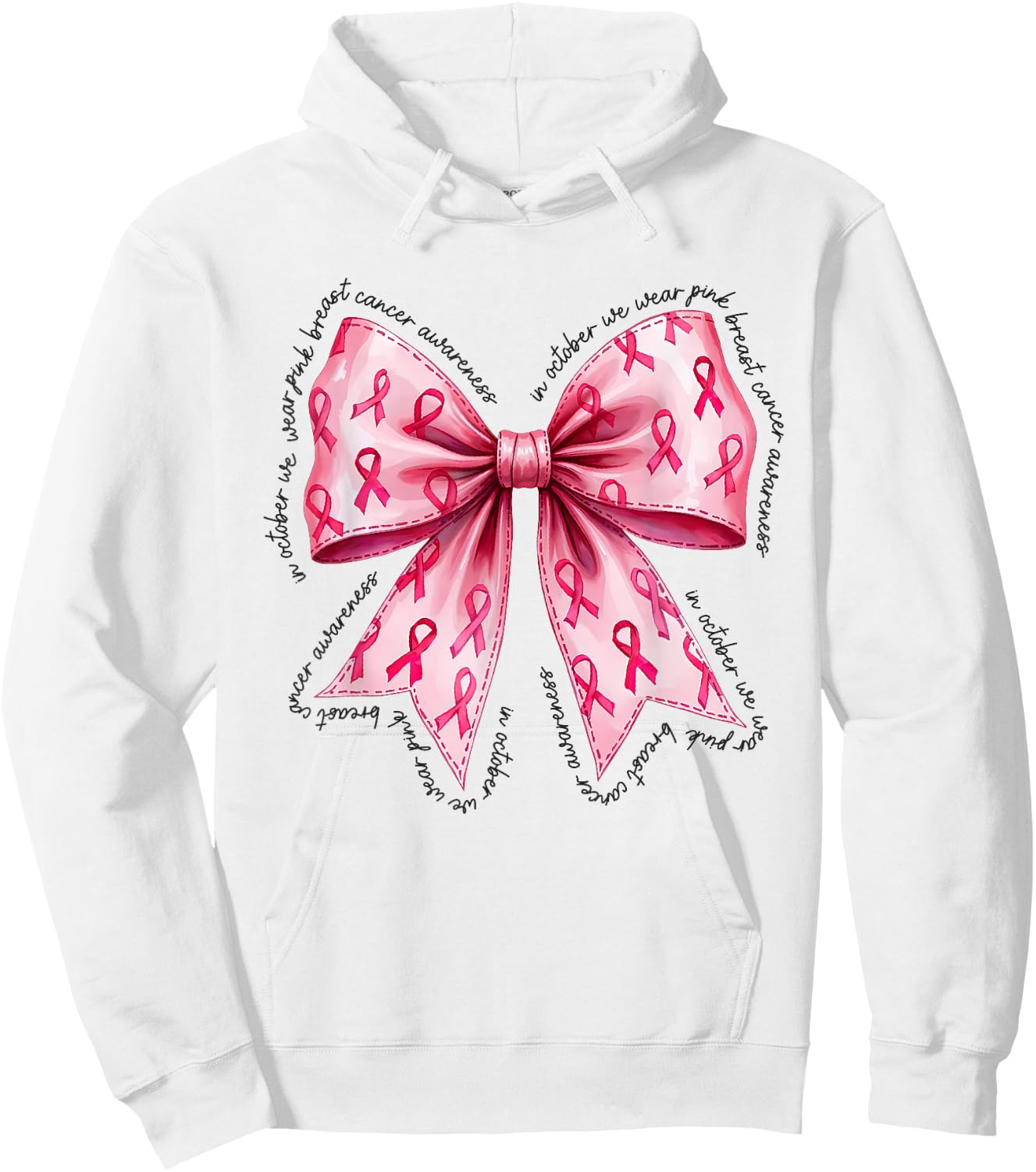 In October We Wear Pink Breast Cancer Awareness Bow Coquette Hoodie - Hoodie | White