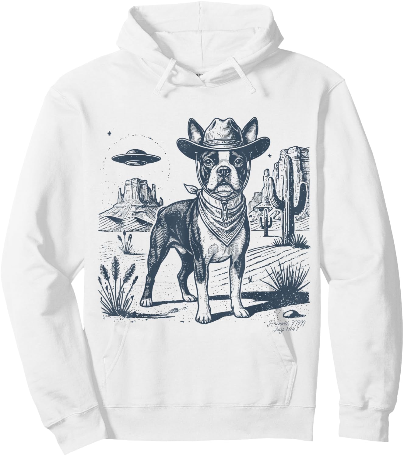 Vintage Alien UFO Western Cowboy Boston Terrier Dog Desert Hoodie - Hoodie | White