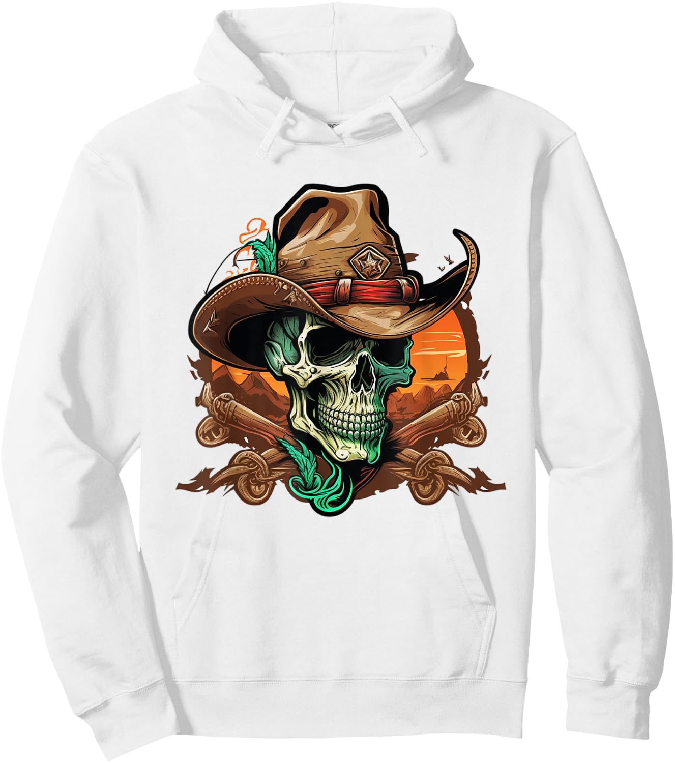 Skull Wearing Cowboy Hat Skeleton Hoodie - Hoodie | White