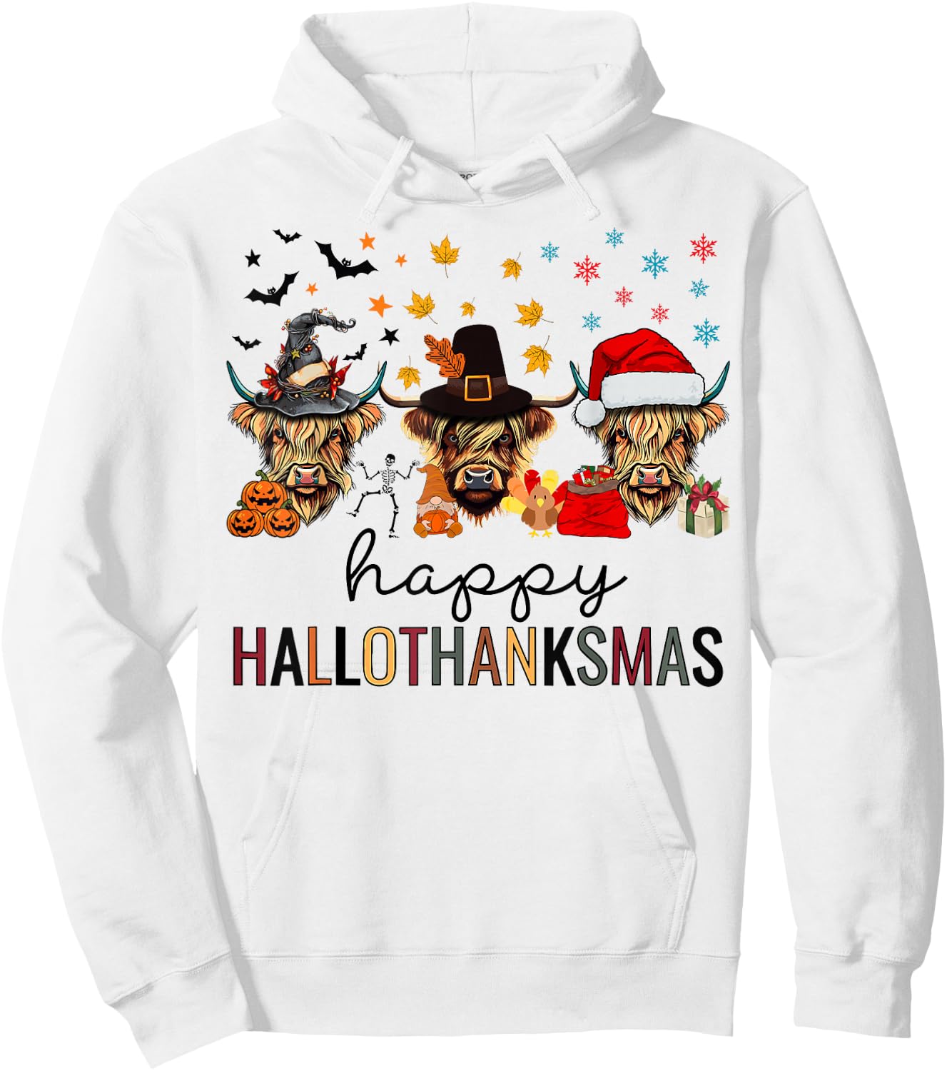 Happy Hallothanksmas Highland Cow Halloween Christmas Hoodie - Hoodie | White