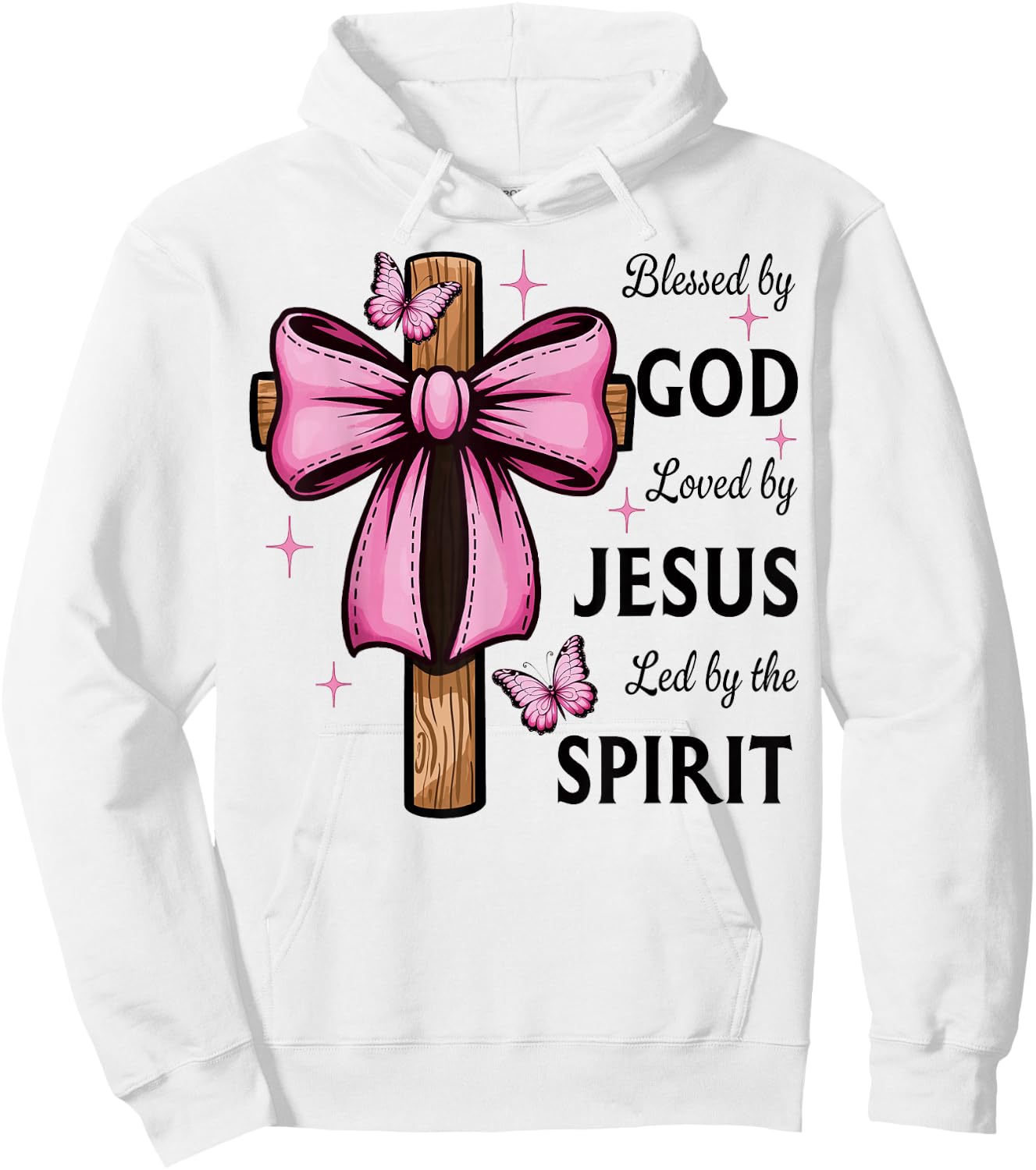 Blessed by God Loved by Jesus Pink Coquette Bow and Cross Hoodie - Hoodie | White