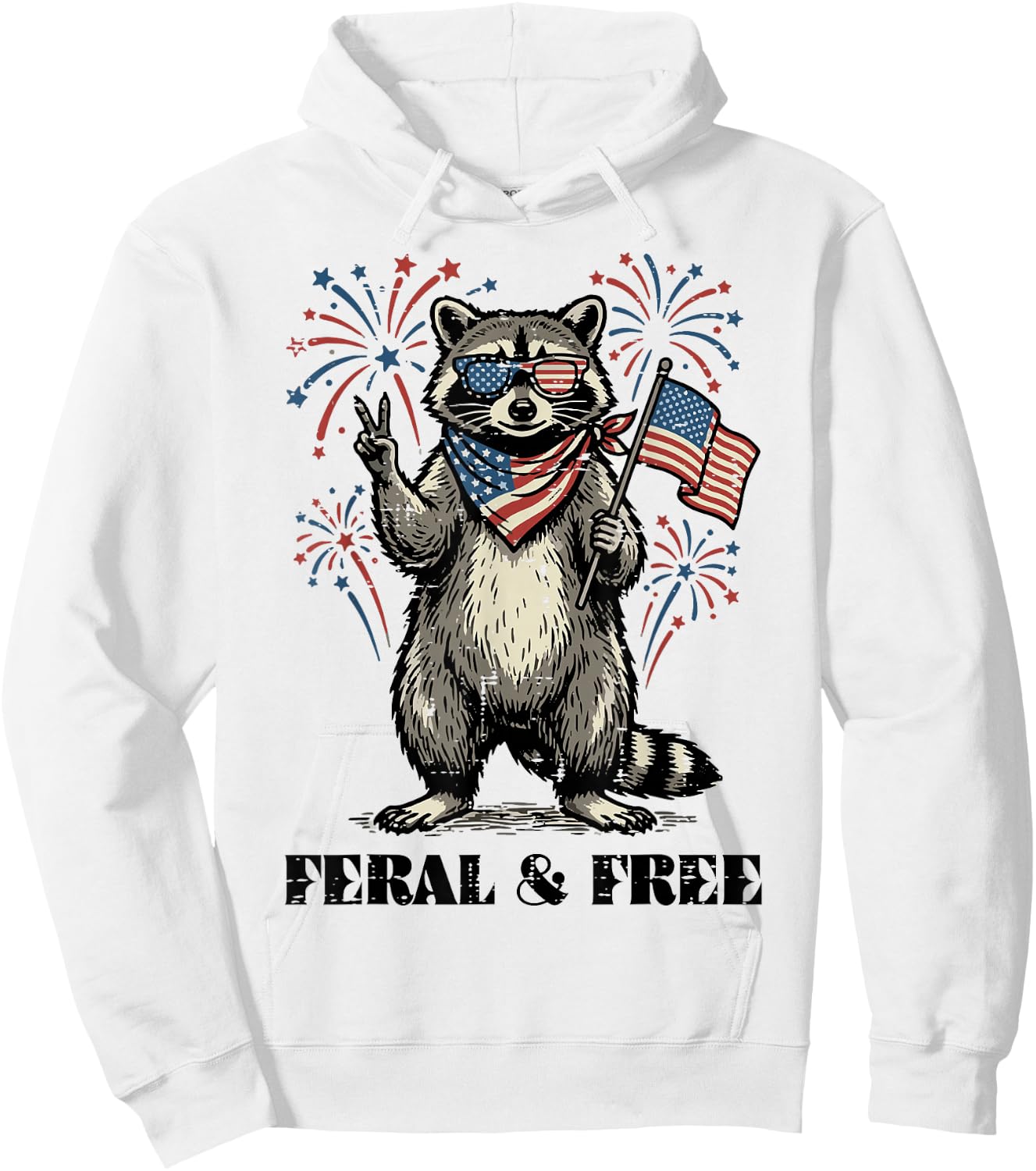 Raccoon Feral and Free US Flag 4th of July Men Women Kids Hoodie - Hoodie | White
