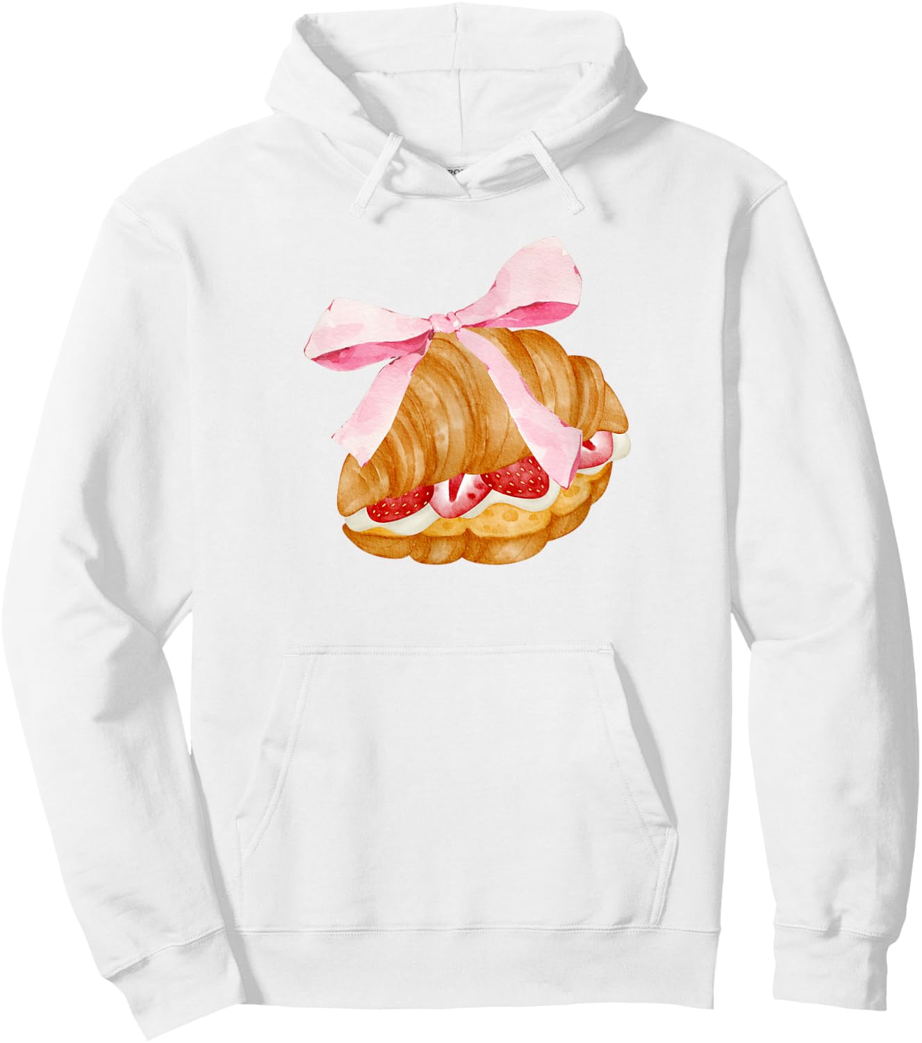 Strawberry croissant with pink bow and flirtatious , white, S Hoodie - Hoodie | White