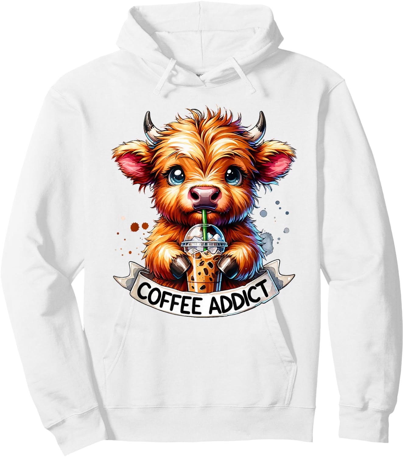 Cute Highland Cow Coffee Addict Hoodie - Hoodie | White