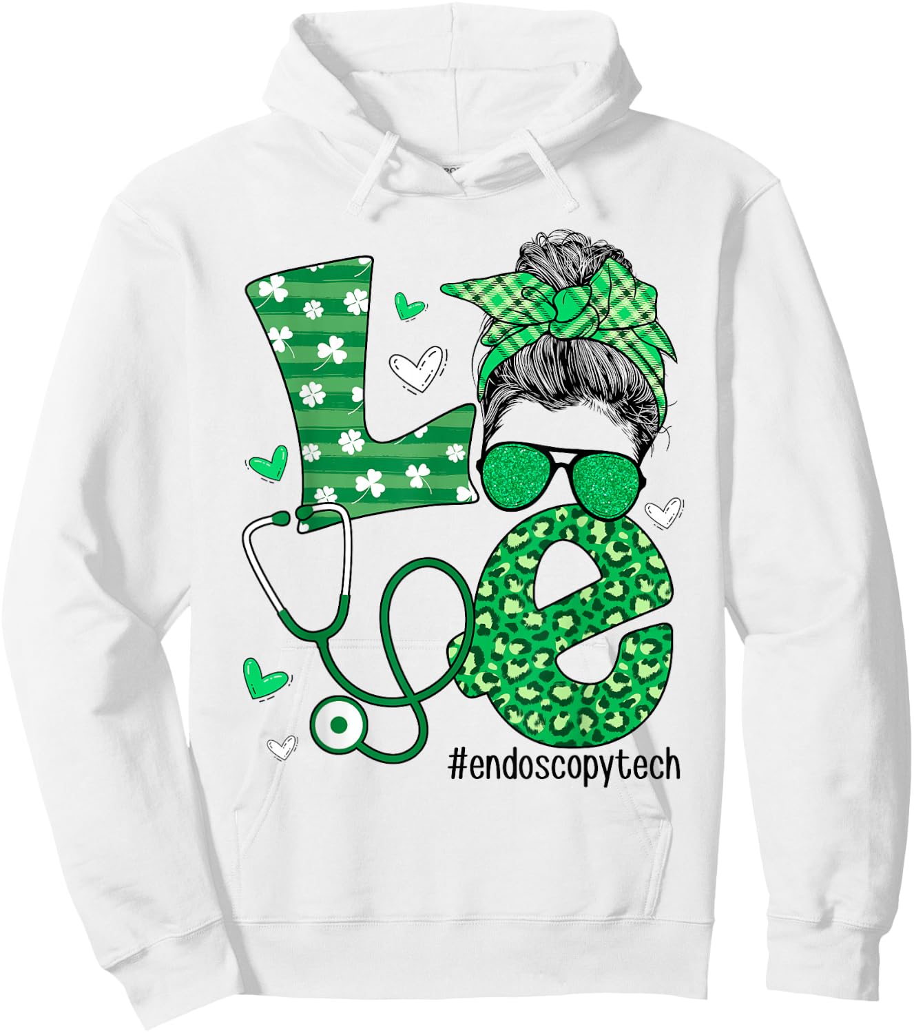St Patrick's Day Shamrock Love Endoscopy Tech Life Messy Bun Hoodie - Hoodie | White