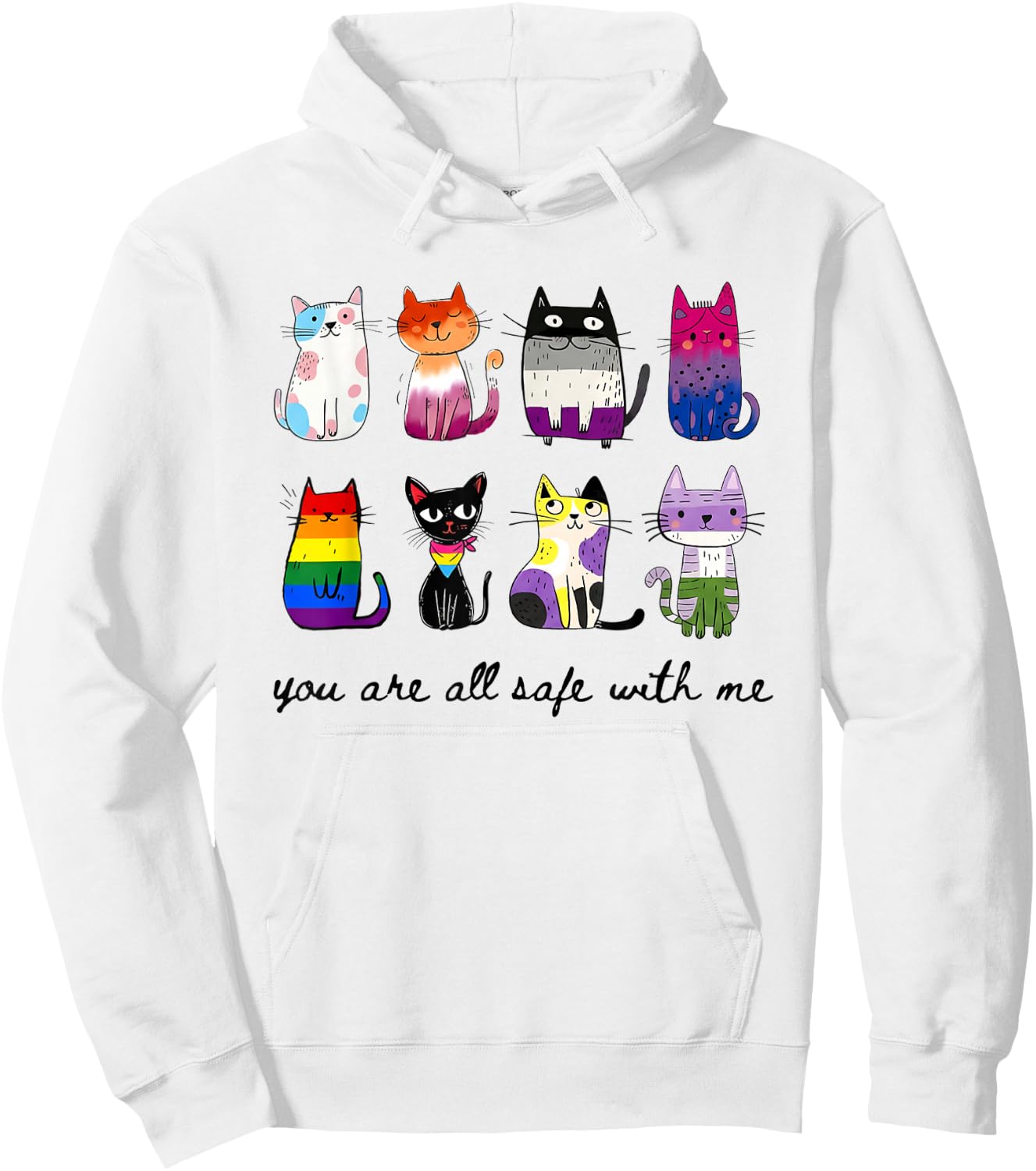 You are All Safe with Me Inclusive Pride Multi Flag LGBT Cat Hoodie - Hoodie | White