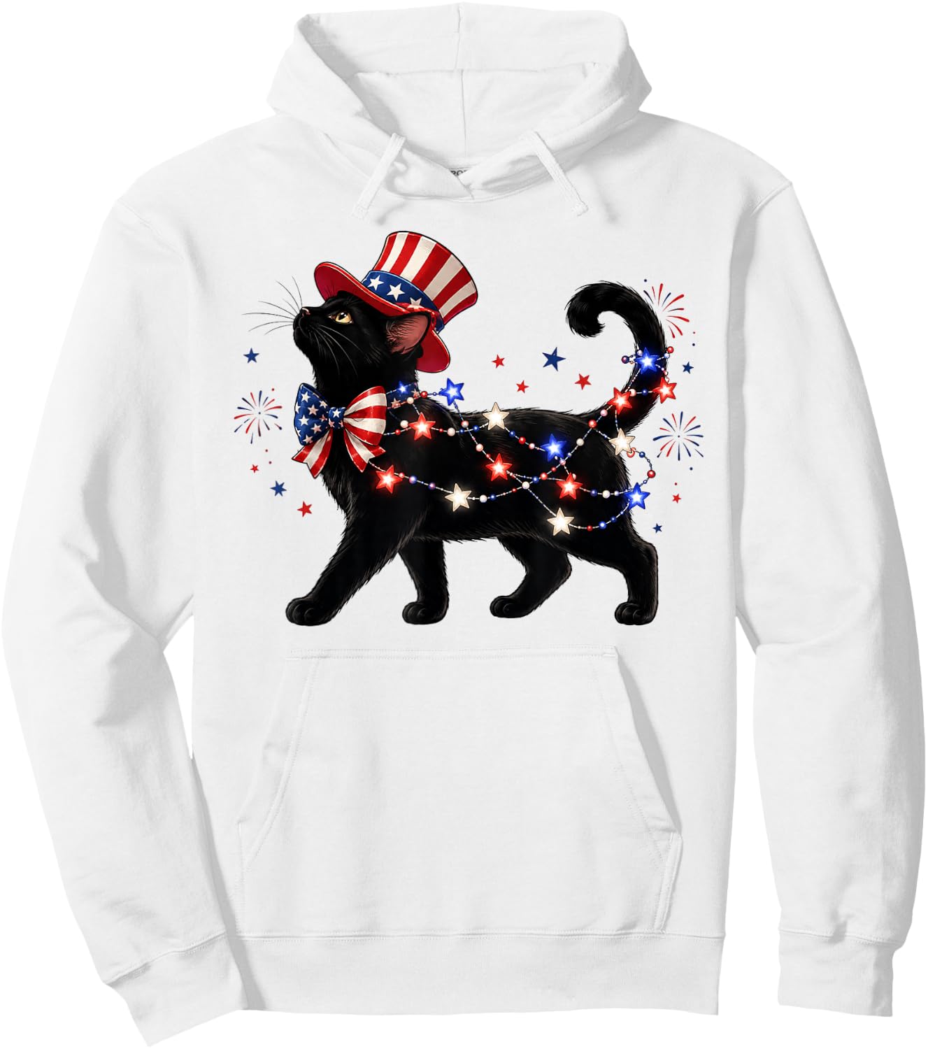 Patriotic Black Cat and Fireworks 4th of July Cat Lovers Hoodie - Hoodie | White