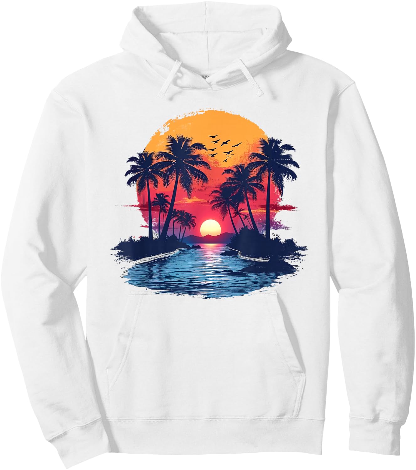 Tropical Paradise Beach with Palm Trees , White Hoodie - Hoodie | White