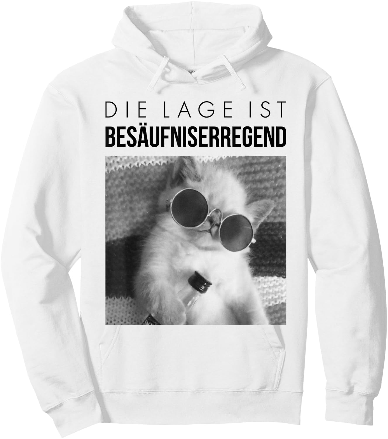 Fun with German Text "Die Lage ist besäufniserregend". Drunk Cat, White Hoodie - Hoodie | White