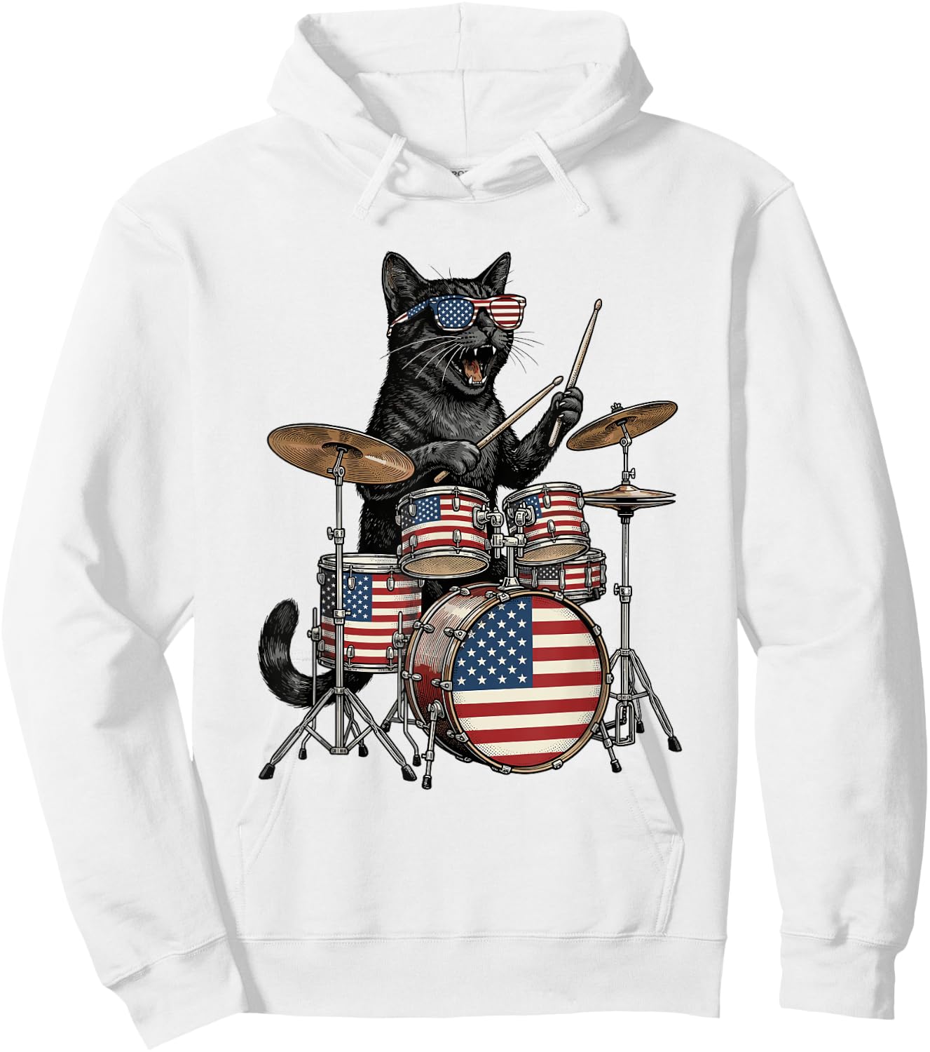 Cat Playing Drums American Flag Drumset 4th of July Drummer Hoodie - Hoodie | White