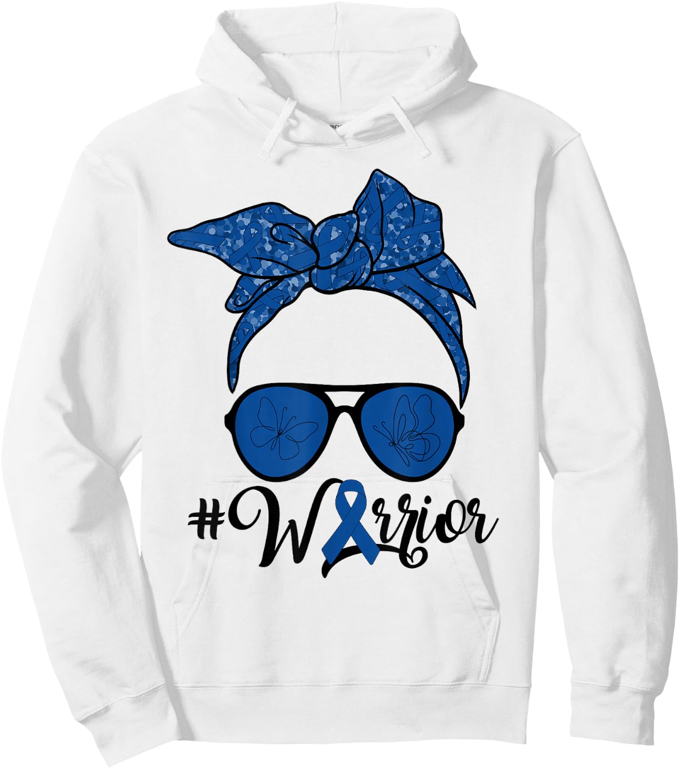 Messy Bun Woman With Dark Blue Ribbon Colon Cancer Warrior Hoodie - Hoodie | White