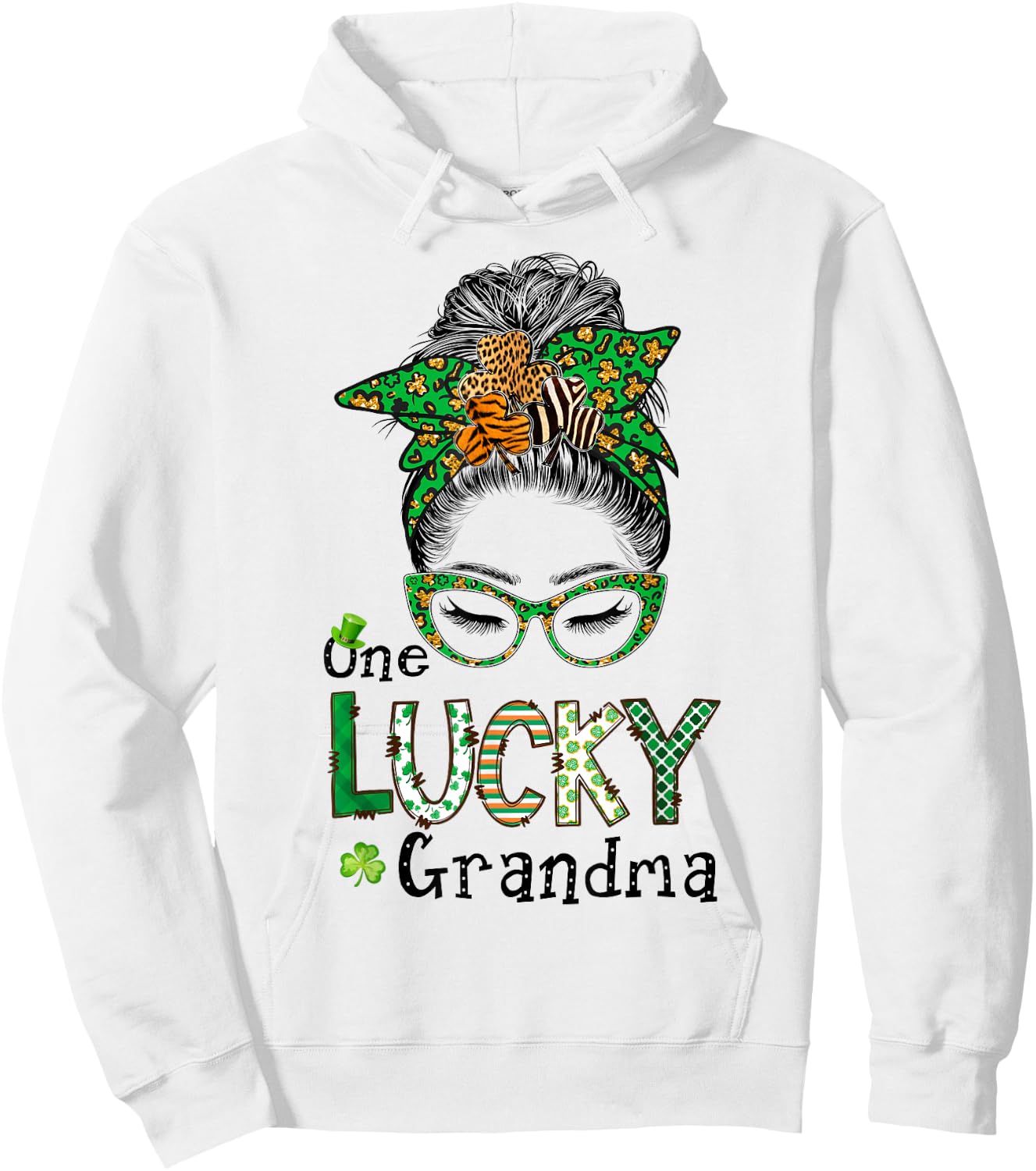 One Lucky Grandma Messy Bun St. Patrick's Day Plaid Leopard Hoodie - Hoodie | White
