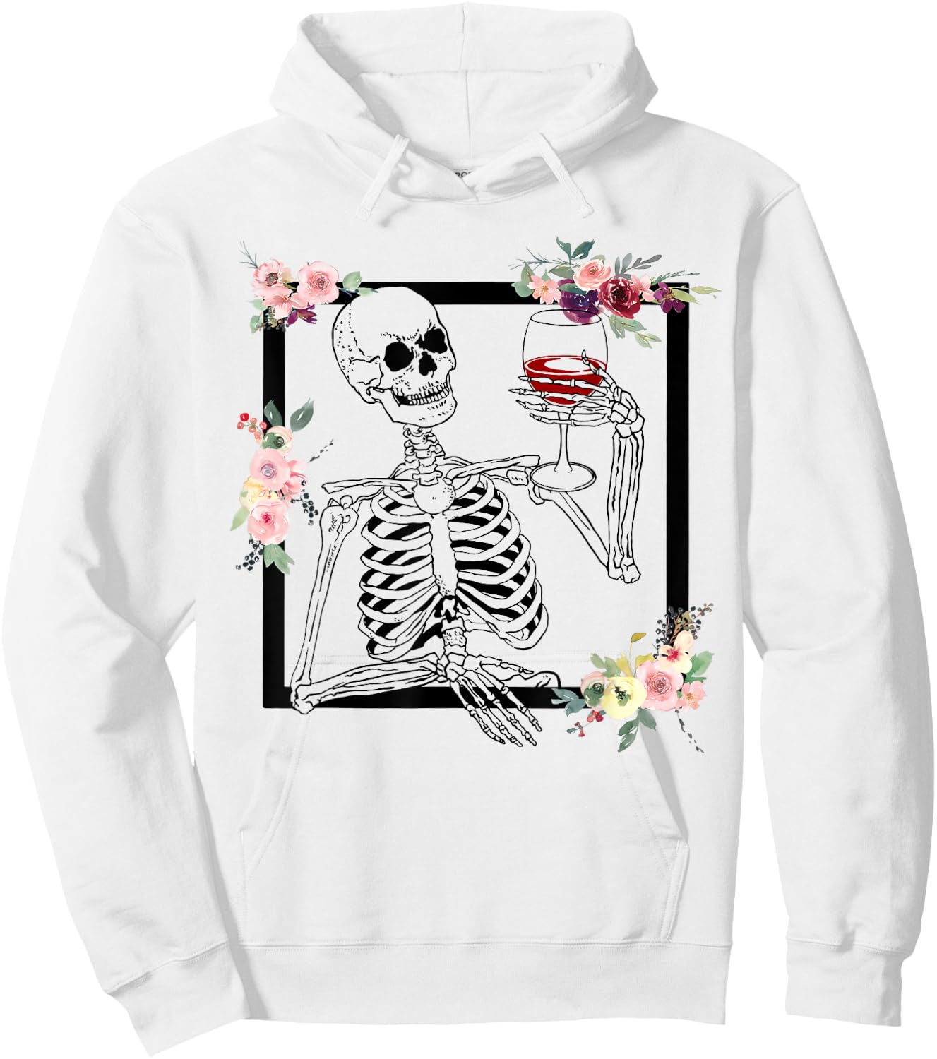Halloween Funny Hallo-Wine Floral Skeleton Drinking Wine Hoodie - Hoodie | White