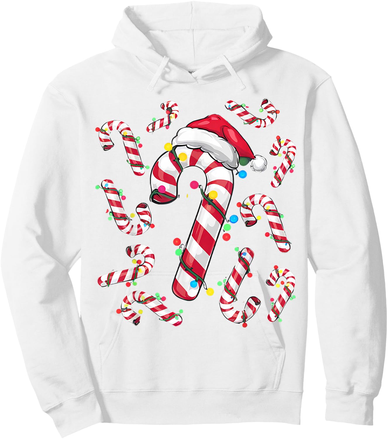 Cute Christmas Candy Cane Santa Hat and Christmas Lights Hoodie - Hoodie | White