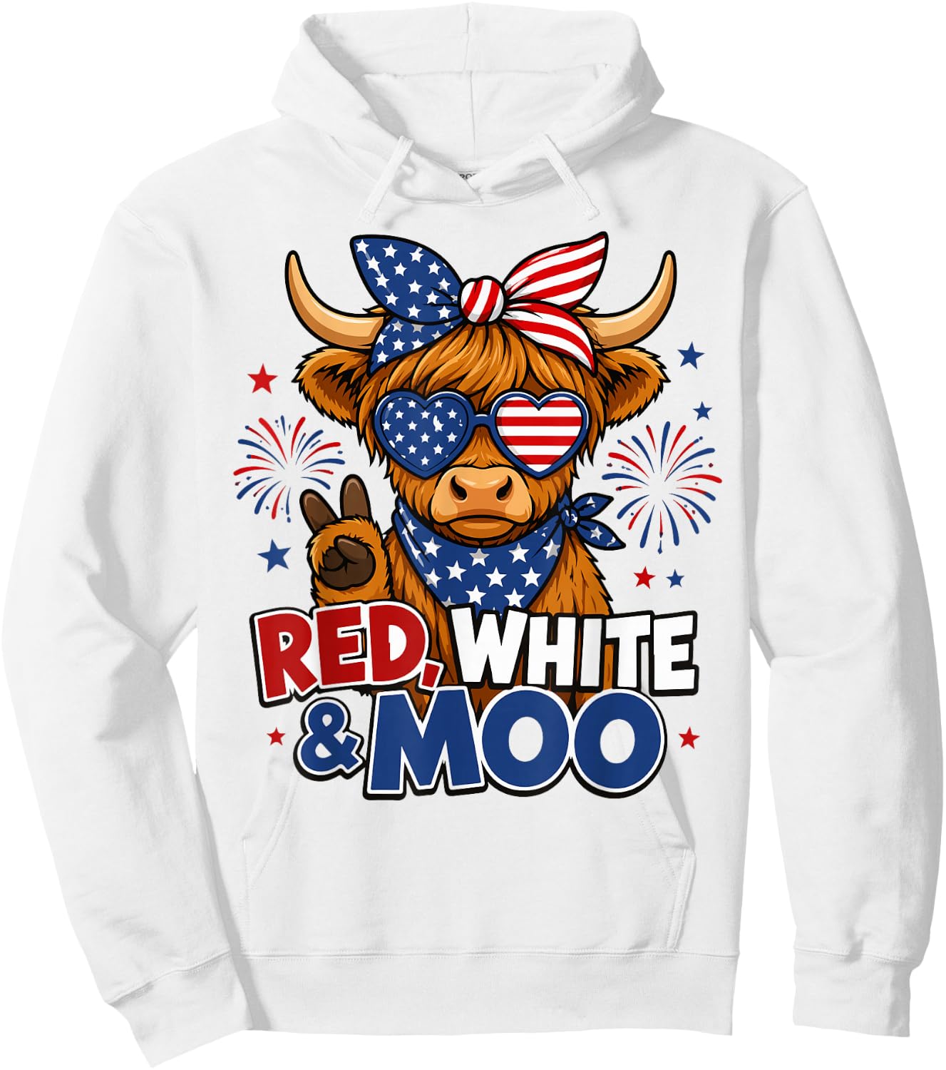 Red White & Moo Highland Cow 4th of July American Flag Women Hoodie - Hoodie | White