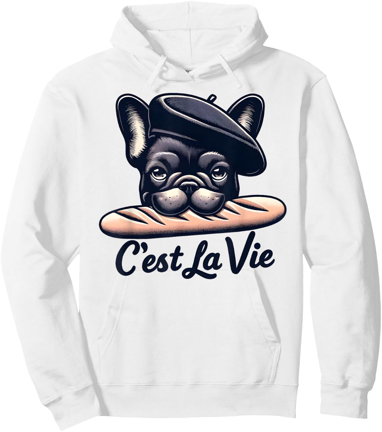French Bulldog C'est La Vie Baguette Humour Beret Art , white, S Hoodie - Hoodie | White