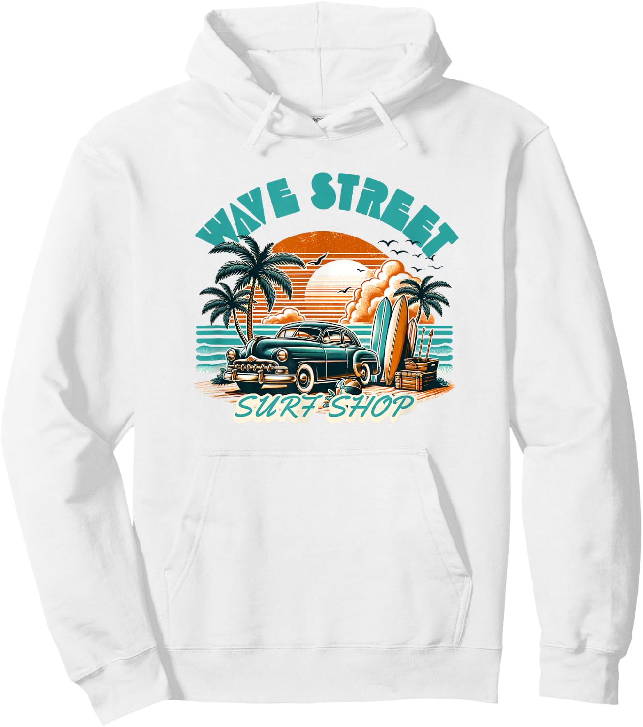 Wave Street Retro Vacation Beach Surfing Vintage Sunset Men Women Girls Kids Hoodie - Hoodie | White