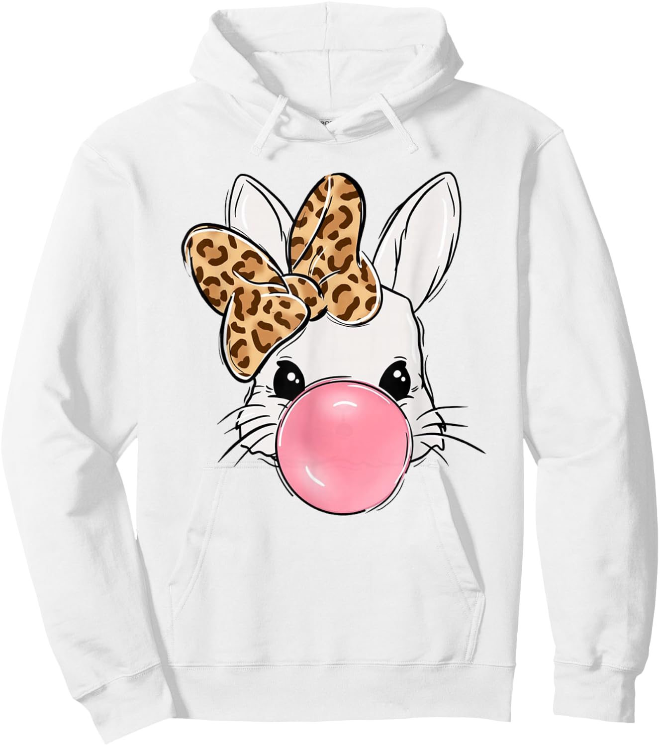 Cute Bunny Face with Leopard Bow Bubblegum Easter Day Girls Hoodie - Hoodie | White