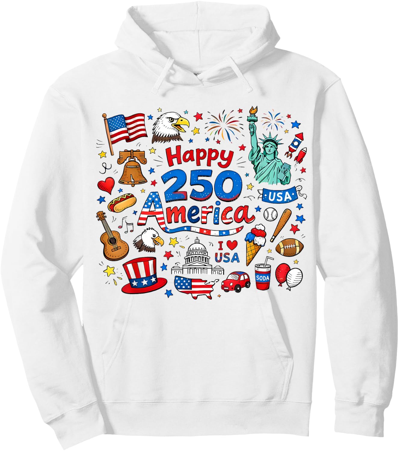 Happy 250 America Doodle 1776–2026 4th of July Teacher Kids Hoodie - Hoodie | White
