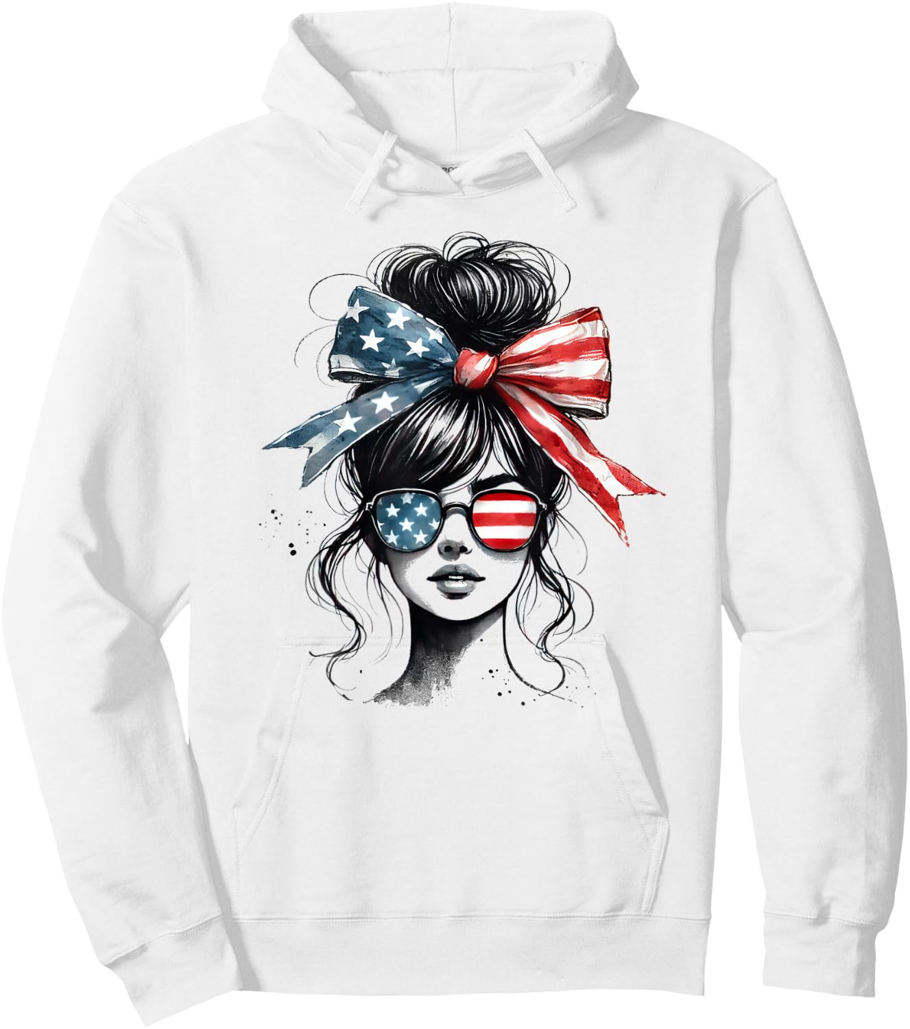 Messy Bun Girl Wearing Sunglasses American Flag Hoodie - Hoodie | White