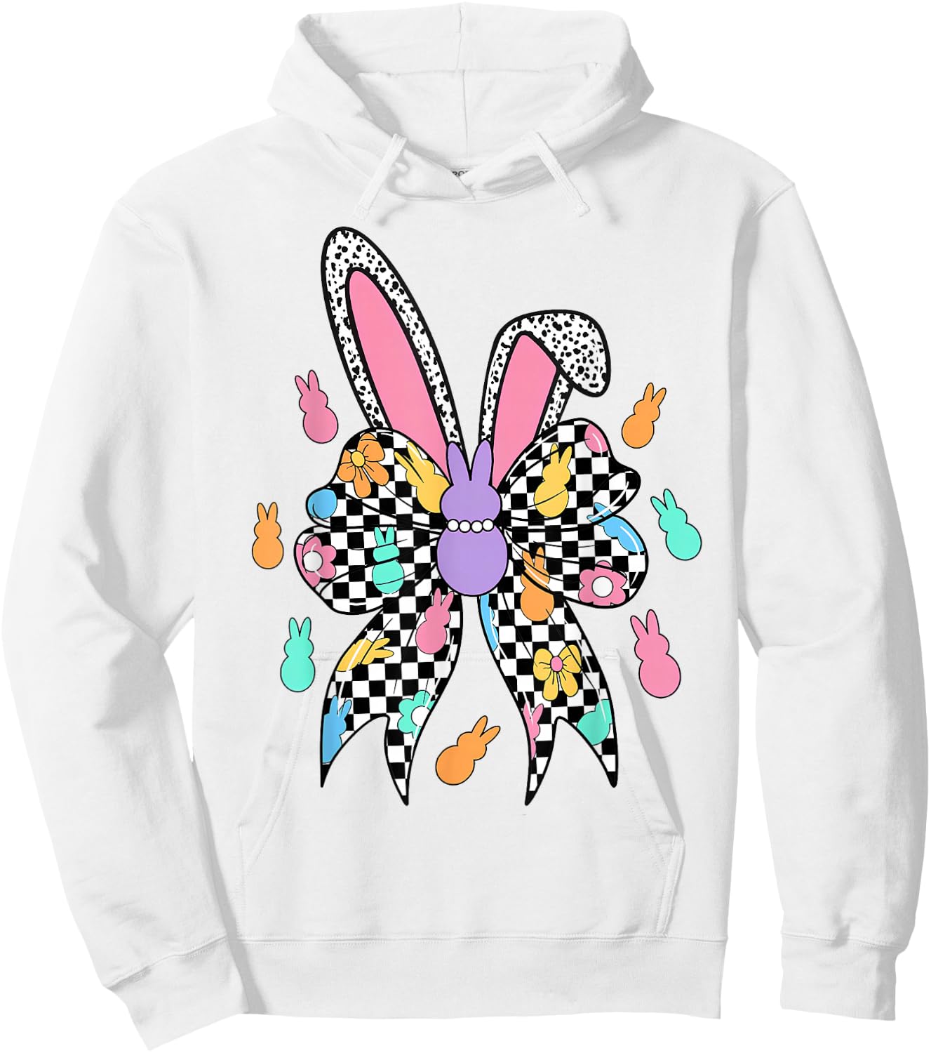 Happy Easter Bunny Checkered Coquette Bow Ears Women Girl Hoodie - Hoodie | White