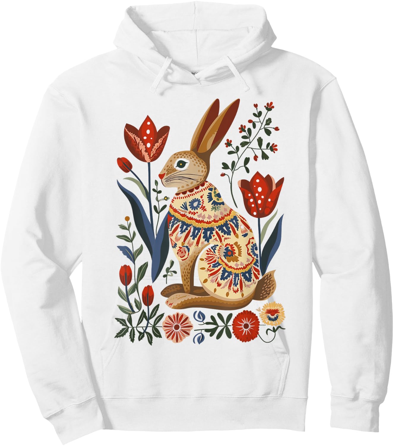 Easter Bunny Rabbit Spring | Norwegian Scandinavian Folk Art Hoodie - Hoodie | White