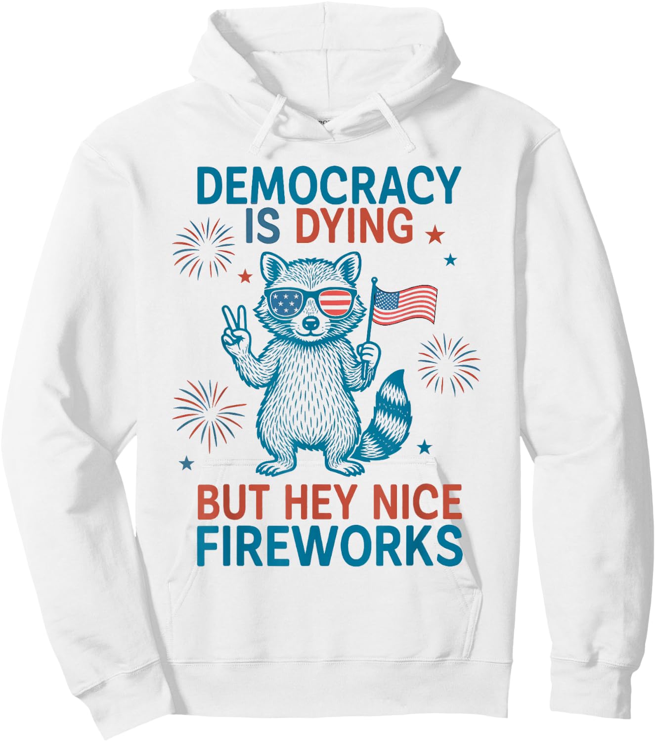 Democracy is Dying Fireworks Funny 4th of July Raccoon USA Hoodie - Hoodie | White
