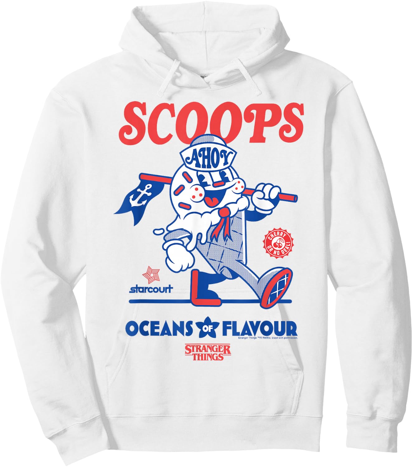 Stranger Things Scoops Ahoy Ice Cream Shop in Red/Blue , White Hoodie - Hoodie | White