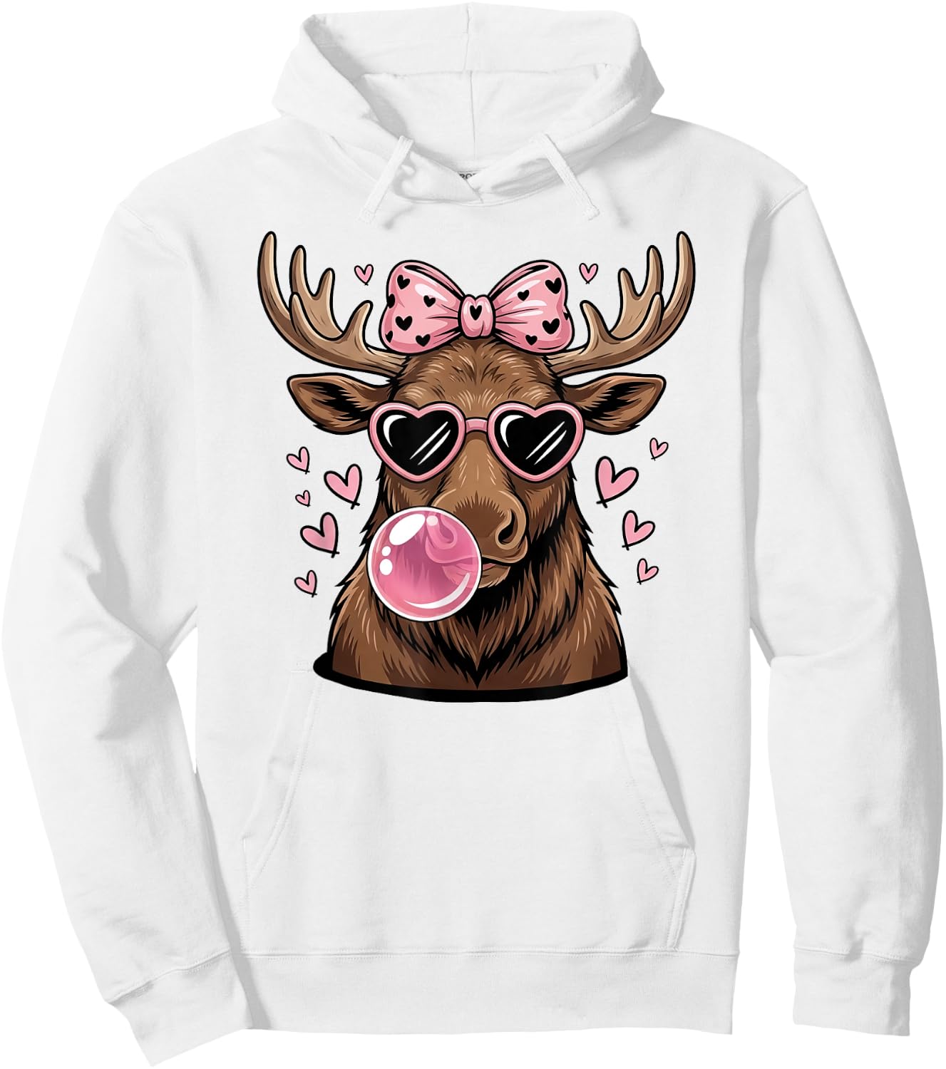Moose Wearing Sunglasses Moose Bubble Gum Pink Coquette Bow Hoodie - Hoodie | White