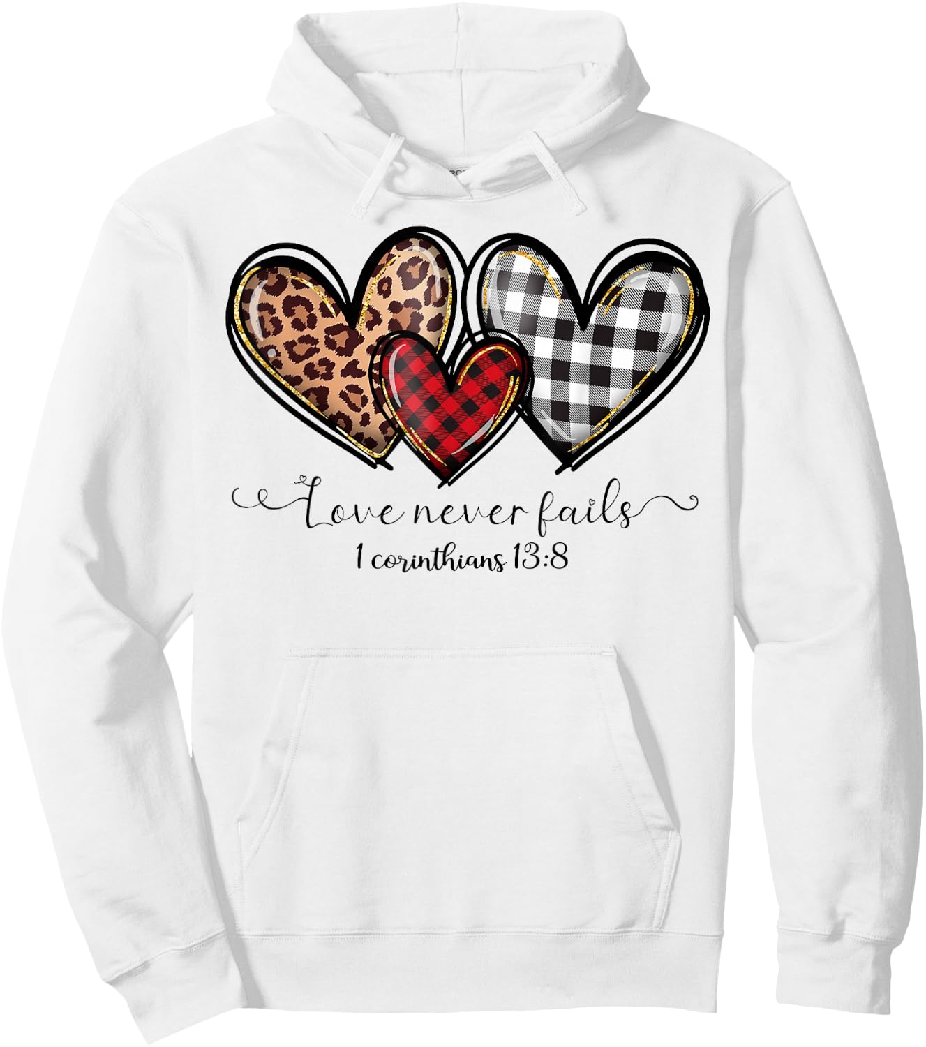 Love Never Fails Buffalo Leopard Red Plaid Print Heart Women Hoodie - Hoodie | White