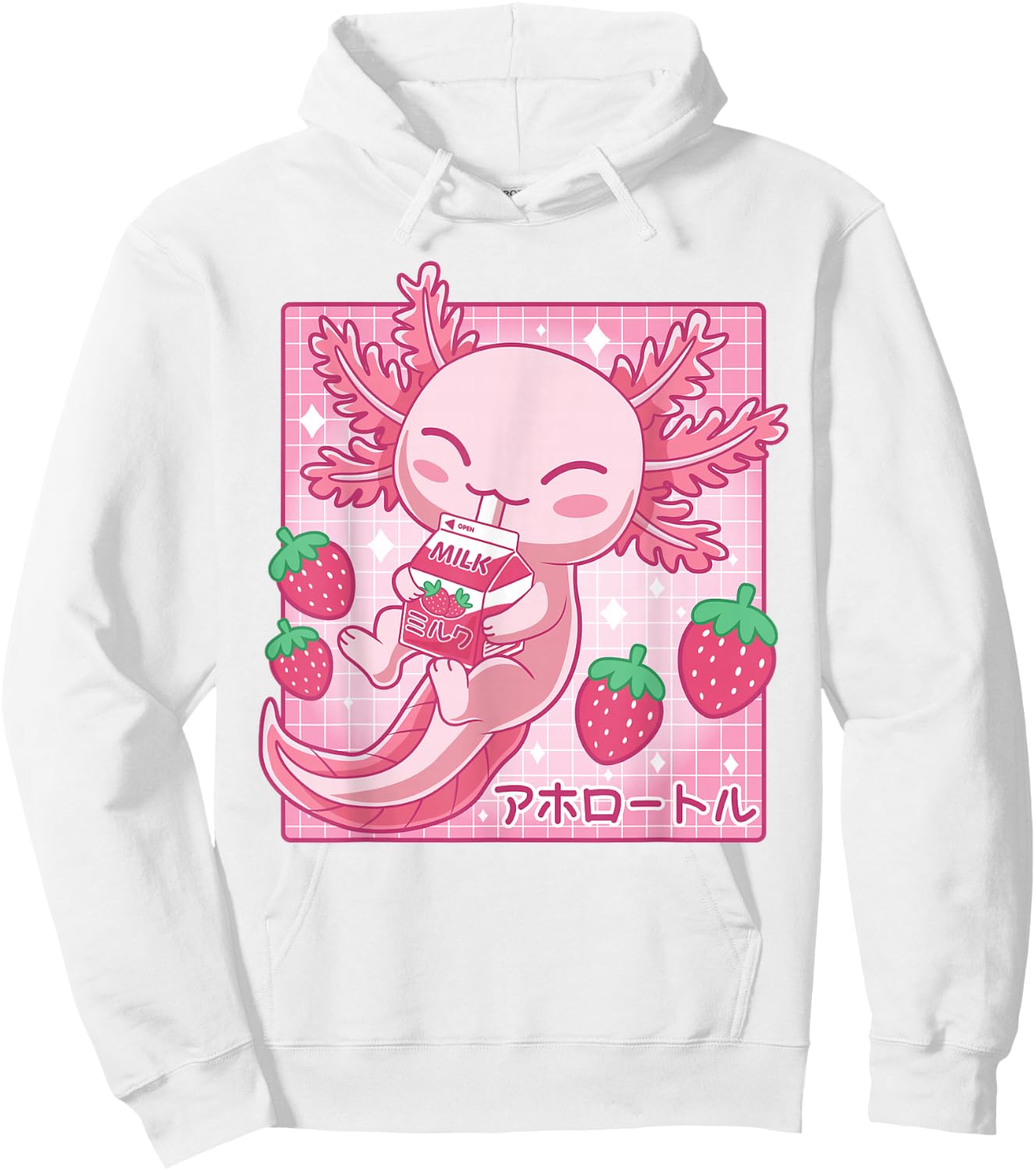 Kawaii Axolotl Strawberry Milk Shake Japanese Anime Pink Hoodie - Hoodie | White
