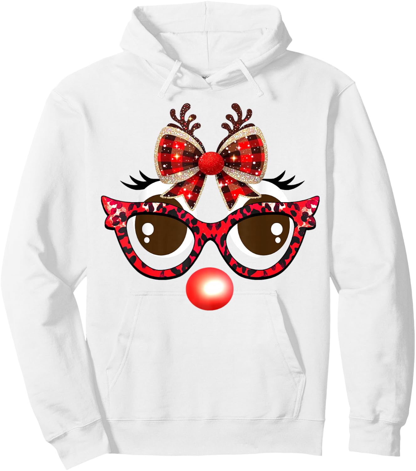 Funny Reindeer Face Leopard Sunglasses Plaid Christmas Light Hoodie - Hoodie | White