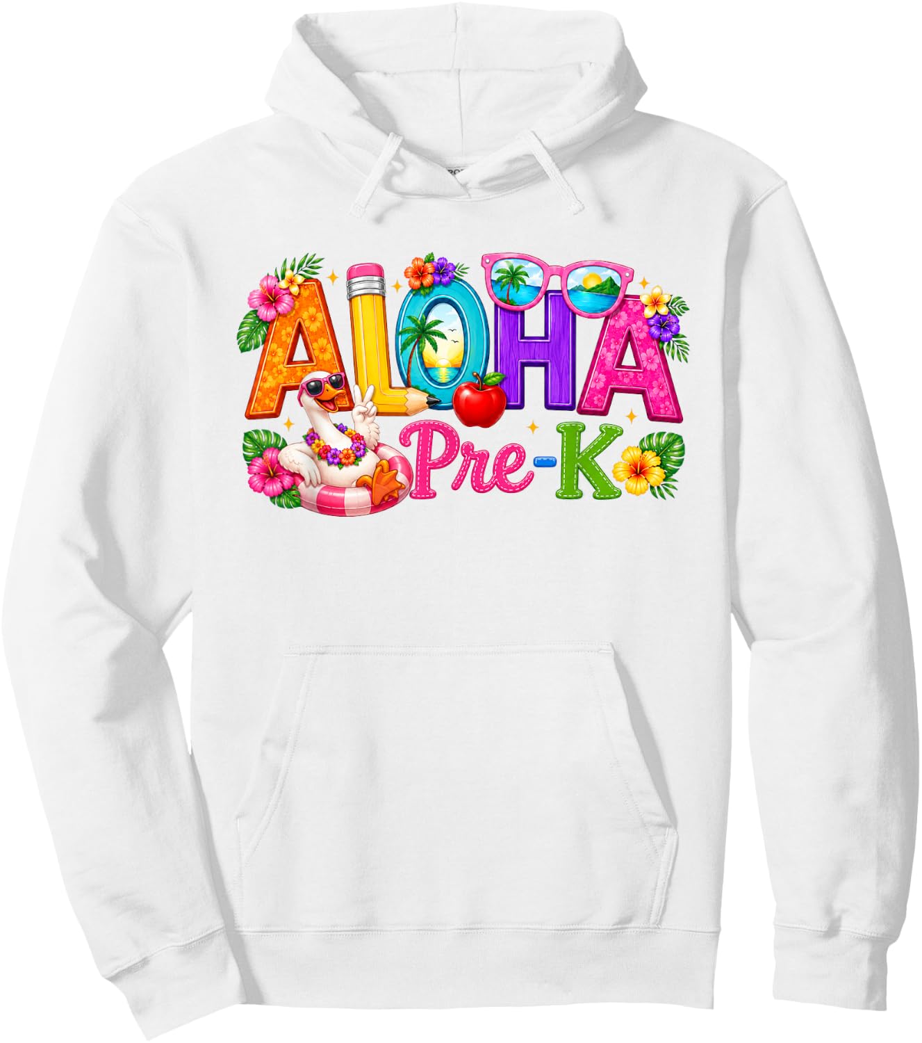 Aloha Pre-K Tropical Floral Beach Silly Goose Back to School Hoodie - Hoodie | White