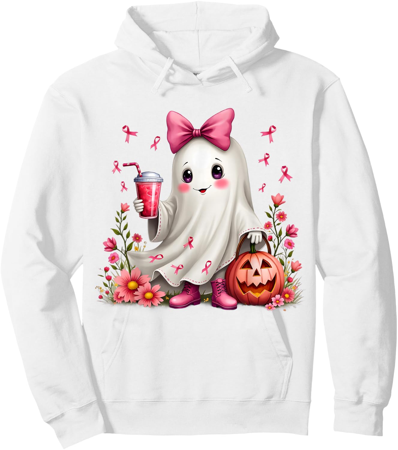 In October We Wear Pink Ghost Breast Cancer Awareness Hoodie - Hoodie | White