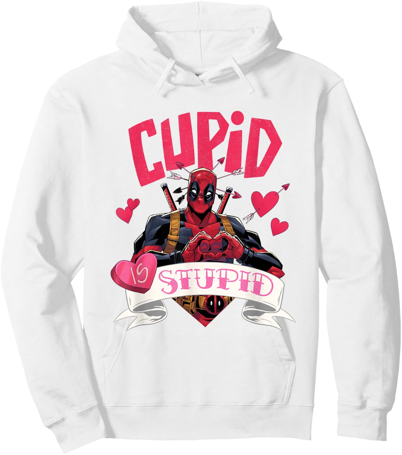 Marvel Deadpool Valentine's Day Cupid Is Stupid Chest Logo Hoodie - Hoodie | White