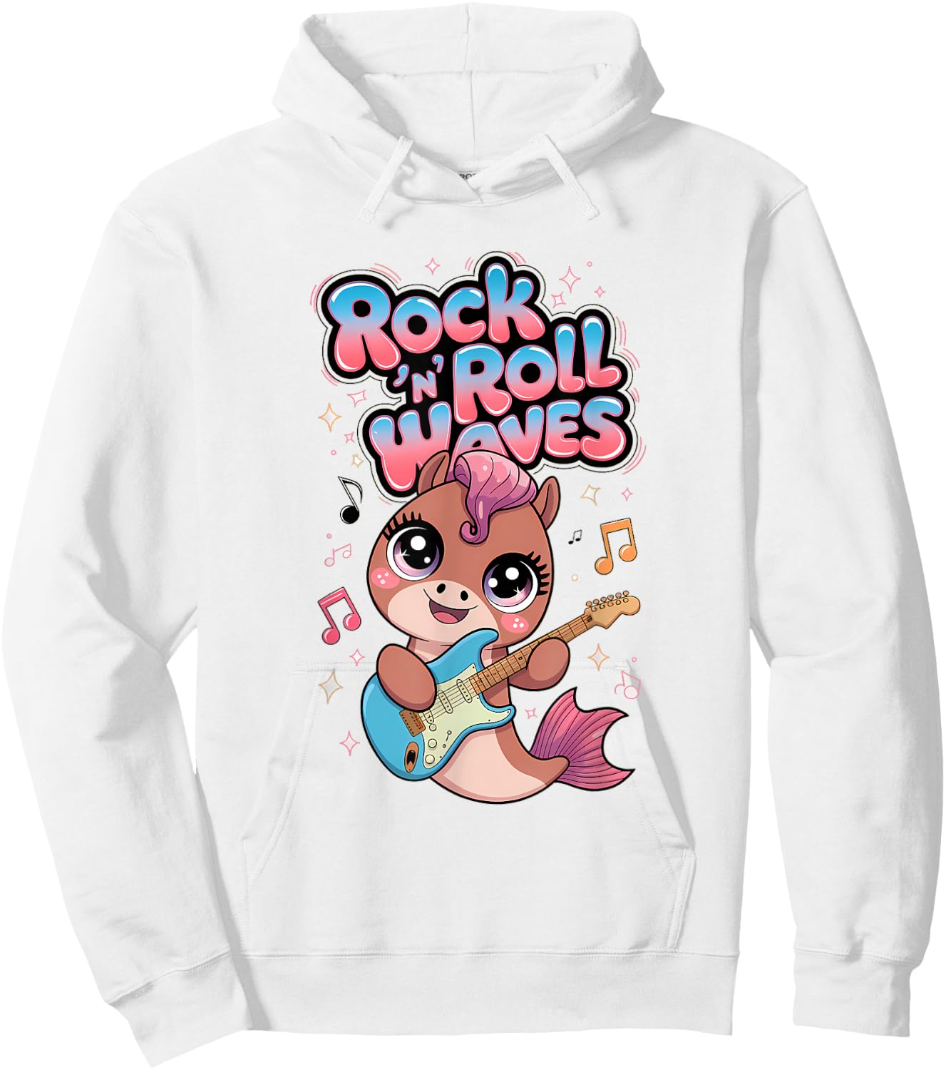 Kawaii Rock 'n Roll Waves Musical Sea Horse Design Hoodie - Hoodie | White