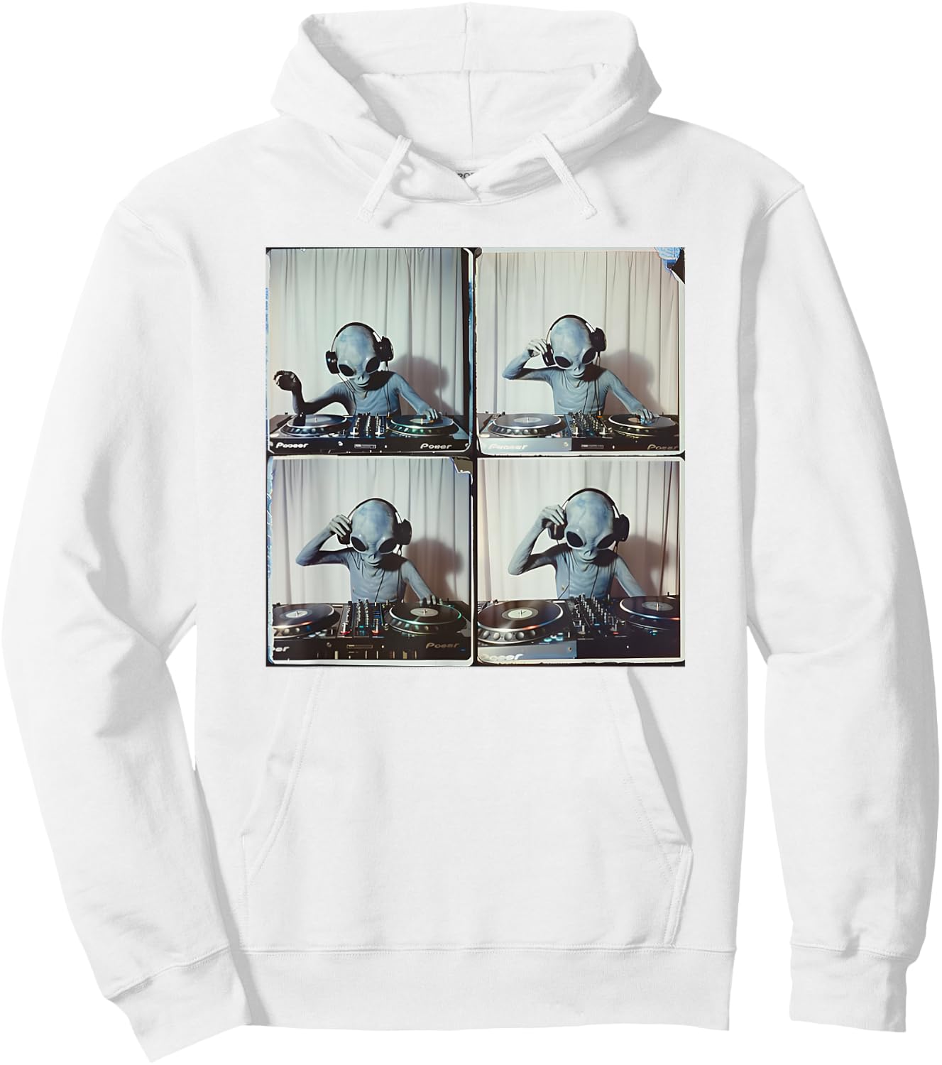 DJ Alien Dropping Beats UFO Vinyl Music Grey Alien Graphic Hoodie - Hoodie | White