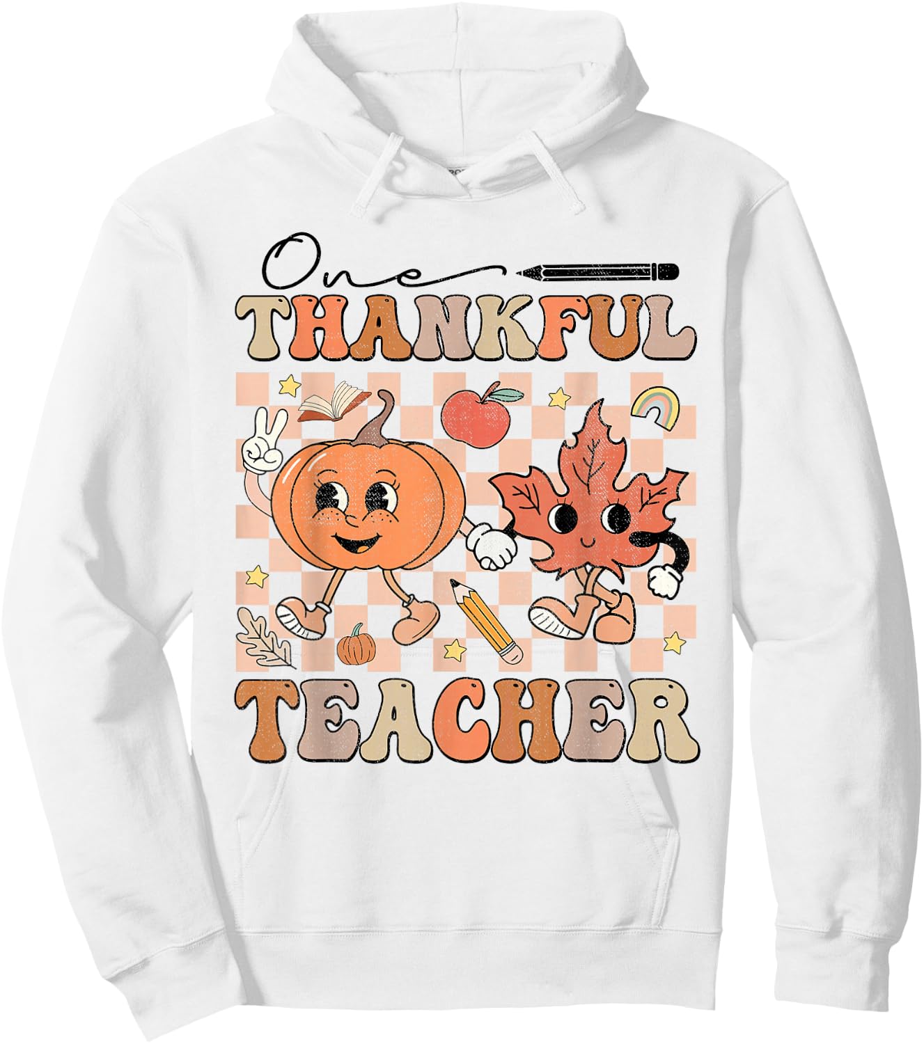 One Thankful Teacher Thanksgiving Groovy Fall Autumn Teacher Hoodie - Hoodie | White