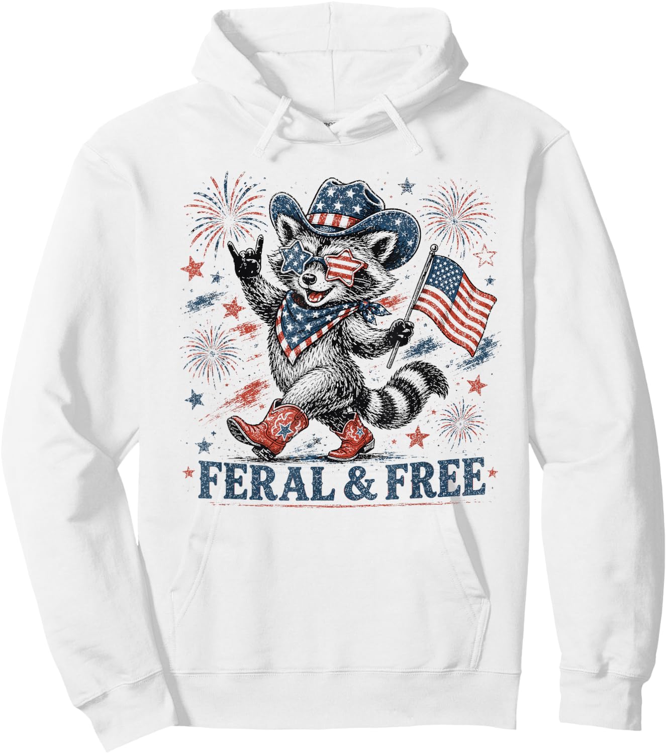 4th of July Feral and Free Patriotic Raccoon Cowboy Hoodie - Hoodie | White