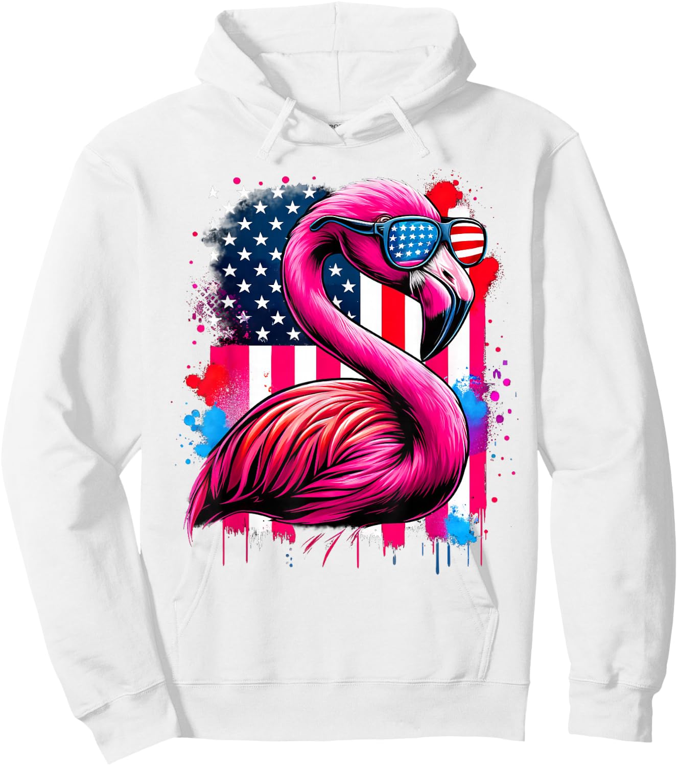 Pink Flamingo USA Flag 4th of July Sunglasses Patriotic Hoodie - Hoodie | White