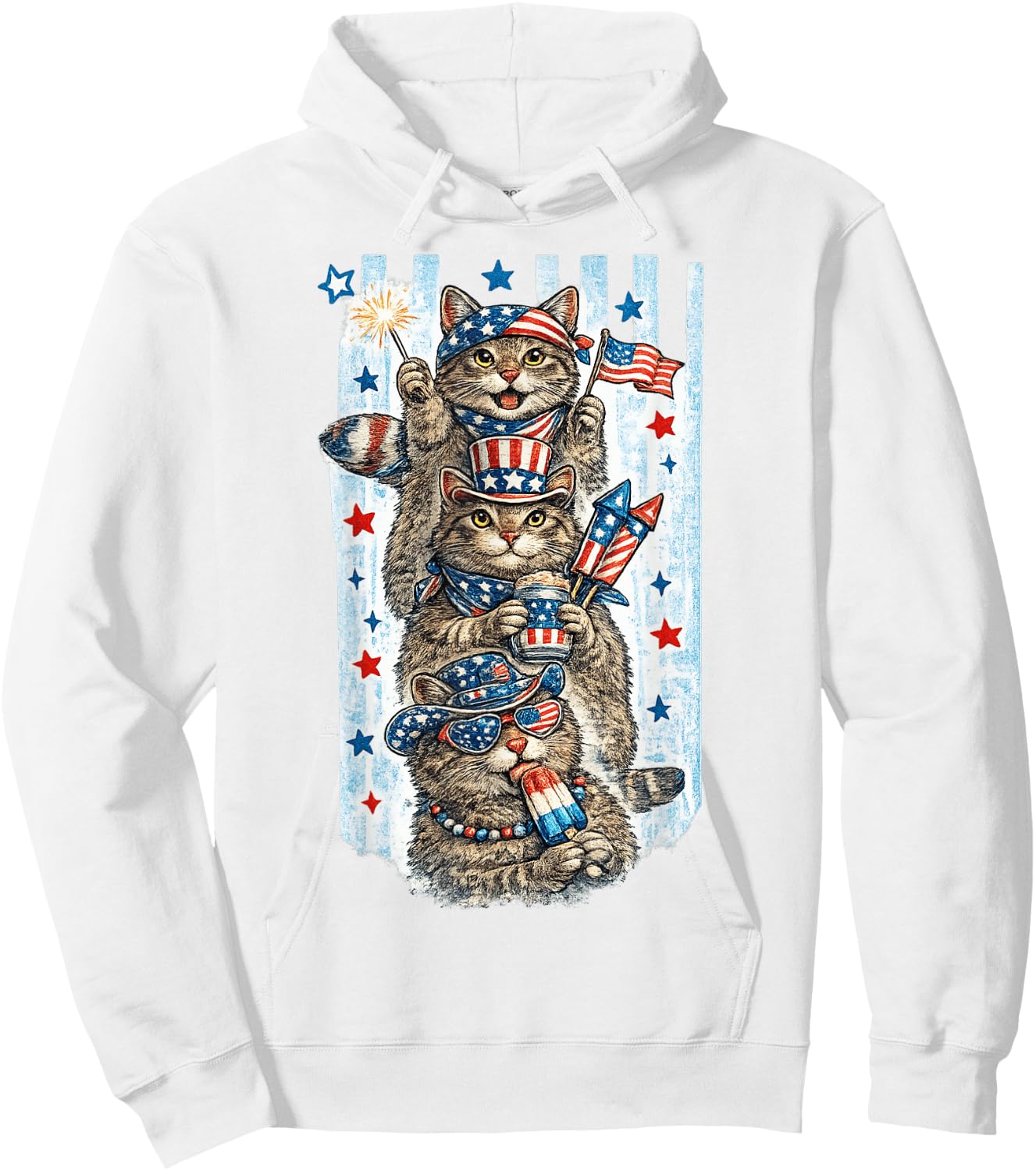 Funny USA Party Cats Vintage Patriotic Animal Fireworks Hoodie - Hoodie | White